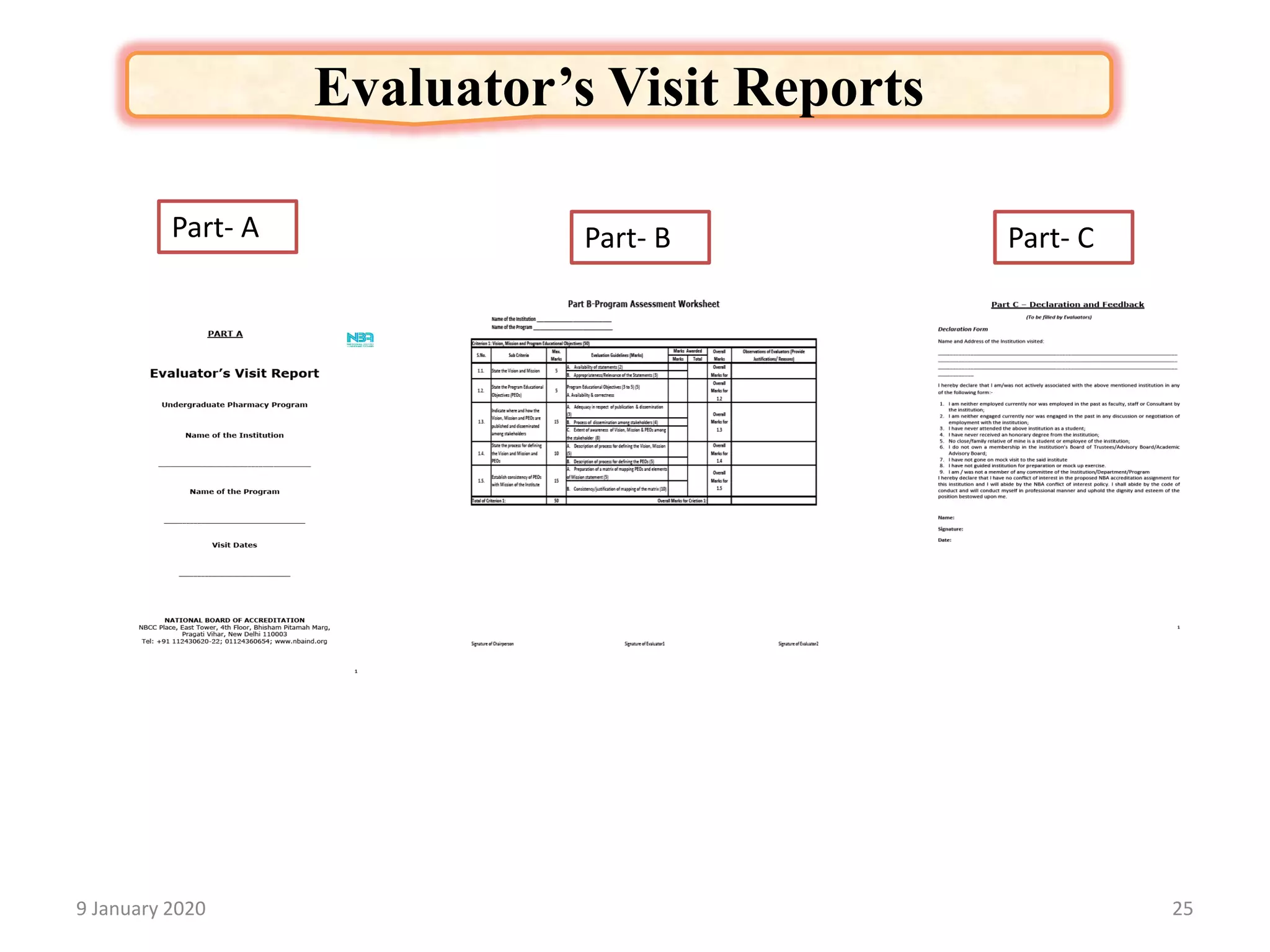 9 January 2020 25
Evaluator’s Visit Reports
Part- A Part- CPart- B
 