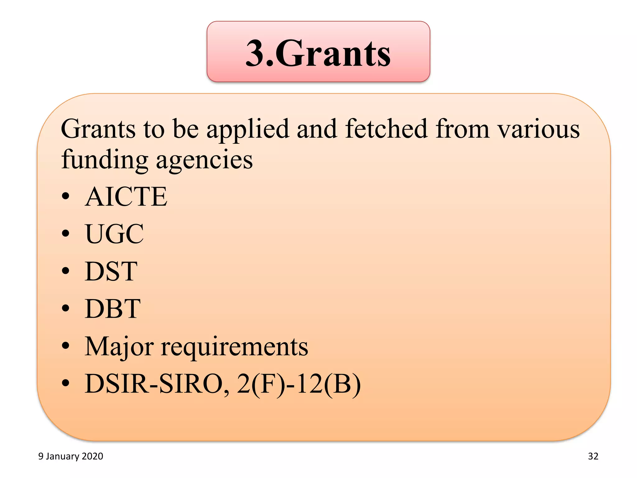 3.Grants
Grants to be applied and fetched from various
funding agencies
• AICTE
• UGC
• DST
• DBT
• Major requirements
• DSIR-SIRO, 2(F)-12(B)
329 January 2020
 