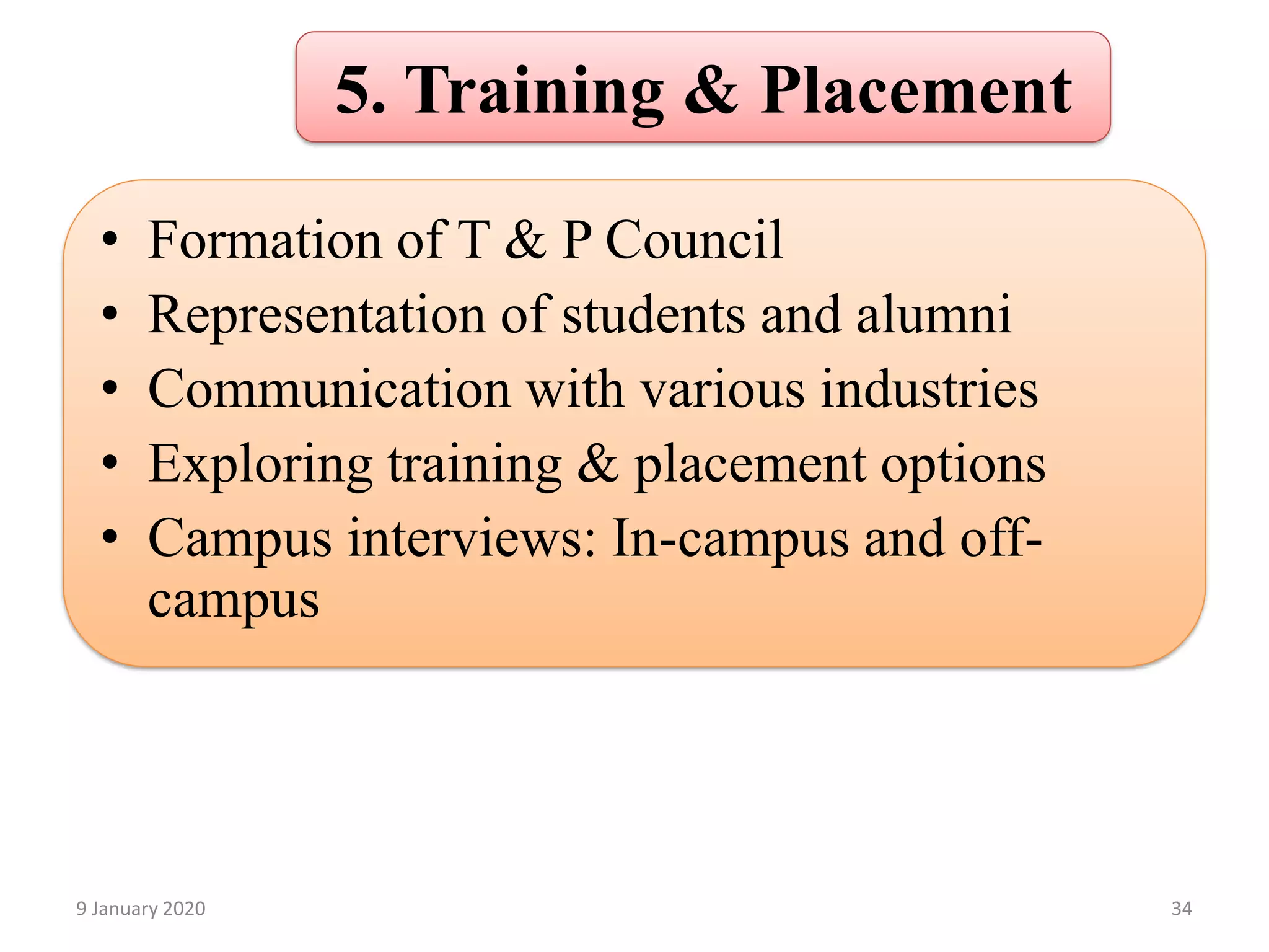 5. Training & Placement
• Formation of T & P Council
• Representation of students and alumni
• Communication with various industries
• Exploring training & placement options
• Campus interviews: In-campus and off-
campus
349 January 2020
 