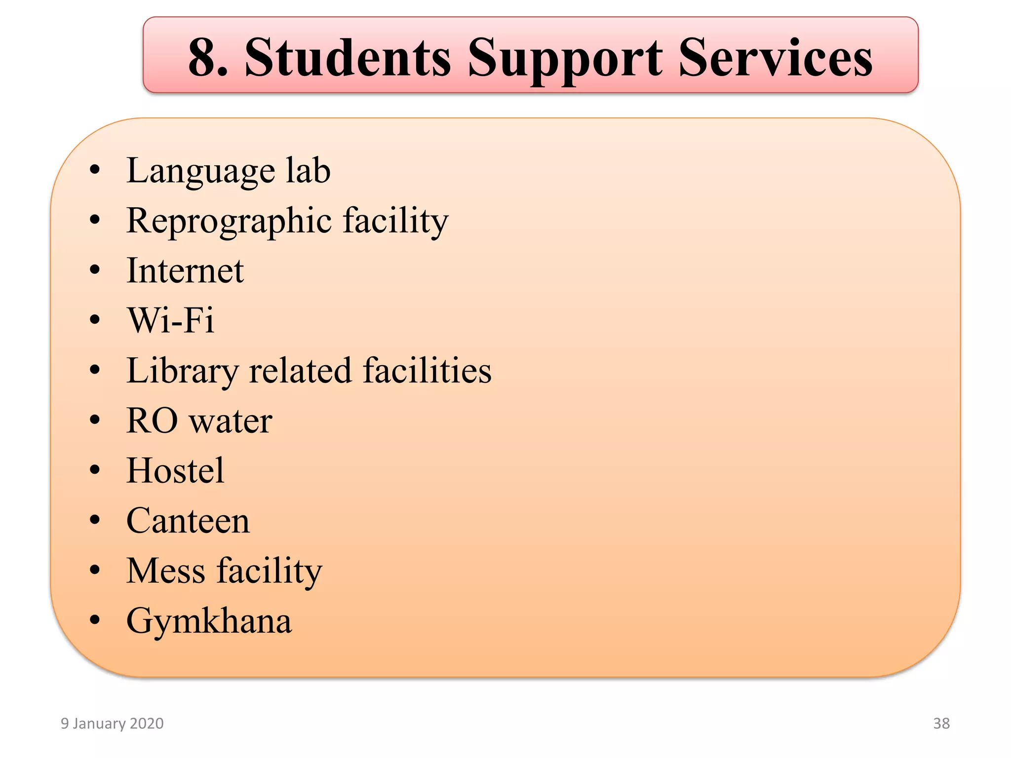 8. Students Support Services
• Language lab
• Reprographic facility
• Internet
• Wi-Fi
• Library related facilities
• RO water
• Hostel
• Canteen
• Mess facility
• Gymkhana
389 January 2020
 