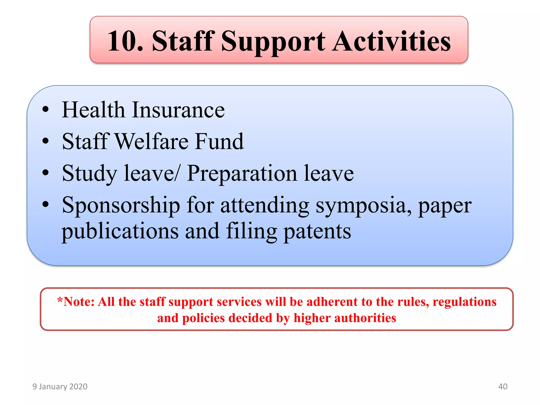 10. Staff Support Activities
• Health Insurance
• Staff Welfare Fund
• Study leave/ Preparation leave
• Sponsorship for attending symposia, paper
publications and filing patents
409 January 2020
*Note: All the staff support services will be adherent to the rules, regulations
and policies decided by higher authorities
 