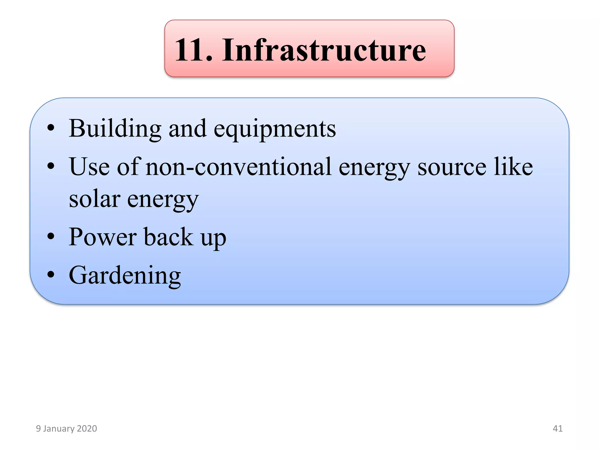 11. Infrastructure
• Building and equipments
• Use of non-conventional energy source like
solar energy
• Power back up
• Gardening
419 January 2020
 