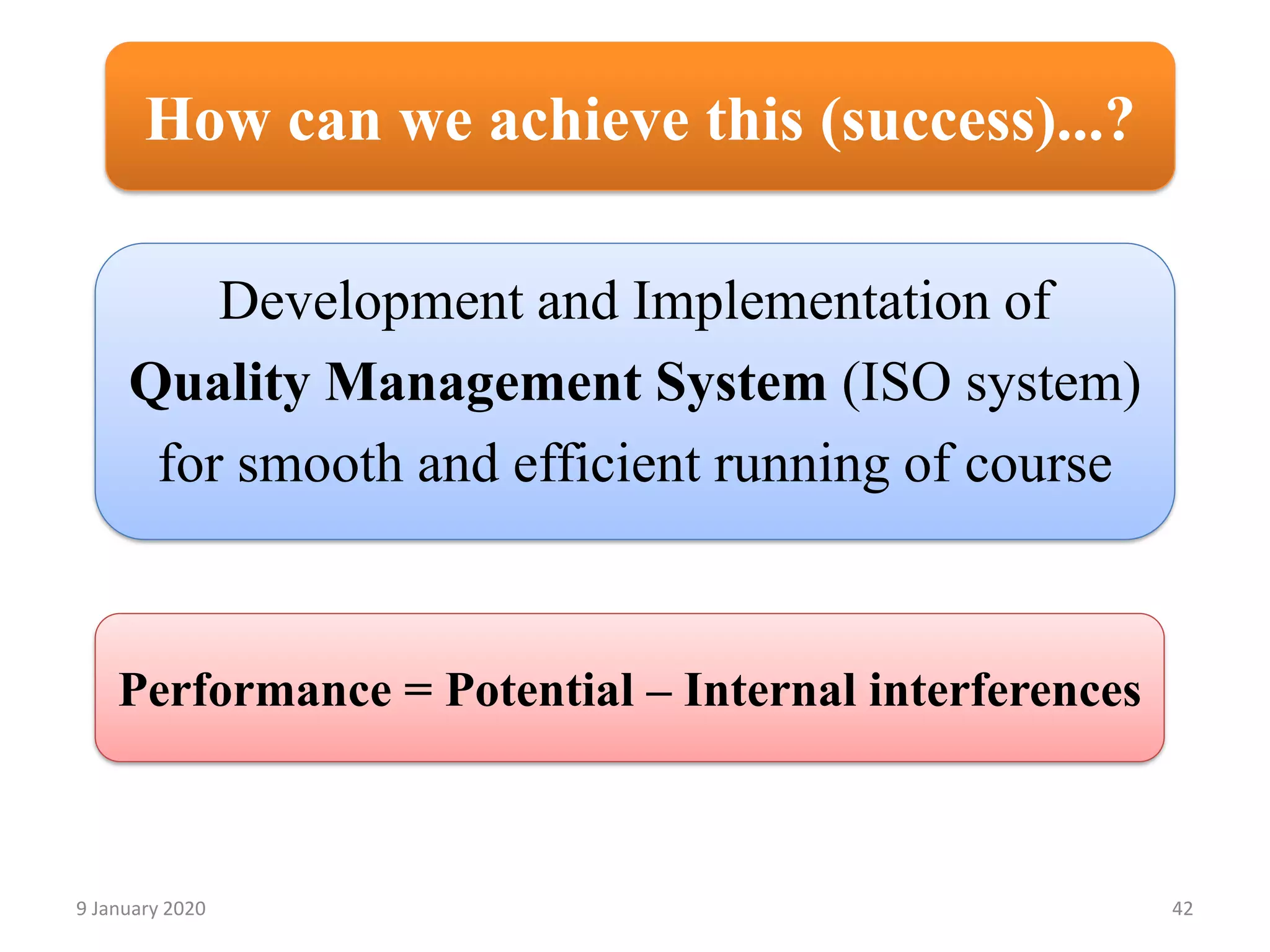9 January 2020 42
Performance = Potential – Internal interferences
Development and Implementation of
Quality Management System (ISO system)
for smooth and efficient running of course
How can we achieve this (success)...?
 