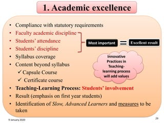 1. Academic excellence
• Compliance with statutory requirements
• Faculty academic discipline
• Students’ attendance
• Students’ discipline
• Syllabus coverage
• Content beyond syllabus
✓ Capsule Course
✓ Certificate course
• Teaching-Learning Process: Students’ involvement
• Result (emphasis on first year students)
• Identification of Slow, Advanced Learners and measures to be
taken
29
9 January 2020
Most important Excellent result
Innovative
Practices in
Teaching-
learning process
will add values
 