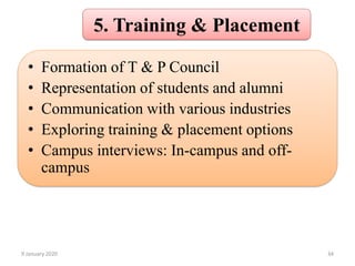 5. Training & Placement
• Formation of T & P Council
• Representation of students and alumni
• Communication with various industries
• Exploring training & placement options
• Campus interviews: In-campus and off-
campus
349 January 2020
 