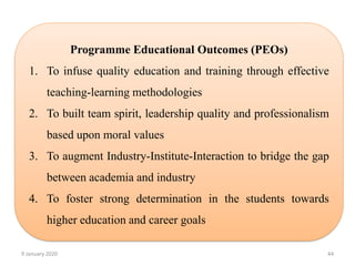 9 January 2020 44
Programme Educational Outcomes (PEOs)
1. To infuse quality education and training through effective
teaching-learning methodologies
2. To built team spirit, leadership quality and professionalism
based upon moral values
3. To augment Industry-Institute-Interaction to bridge the gap
between academia and industry
4. To foster strong determination in the students towards
higher education and career goals
 