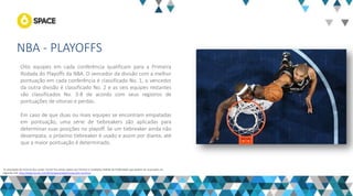 NBA - PLAYOFFS 
Oito equipes em cada conferência qualificam para a Primeira Rodada do Playoffs da NBA. O vencedor da divisão com a melhor pontuação em cada conferência é classificado No. 1, o vencedor da outra divisão é classificado No. 2 e as seis equipes restantes são classificados No. 3-8 de acordo com seus registros de pontuações de vitorias e perdas. 
Em caso de que duas ou mais equipes se encontram empatadas em pontuação, uma série de tiebreakers são aplicadas para determinar suas posições no playoff. Se um tiebreaker ainda não desempata, o próximo tiebreaker é usado e assim por diante, até que a maior pontuação é determinado. 
“A veiculação de anúncio dos canais Turner fica ainda sujeita aos Termos e Condições Padrão de Publicidade que podem ser acessados no seguinte link: http://www.turner.com/#/company/advertising-latin-america  