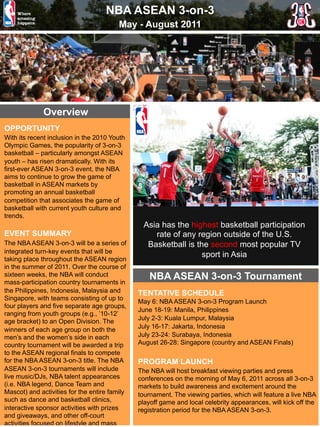 NBA ASEAN 3-on-3
May - August 2011
Asia has the highest basketball participation
rate of any region outside of the U.S.
Basketball is the second most popular TV
sport in Asia
Overview
NBA ASEAN 3-on-3 Tournament
PROGRAM LAUNCH
The NBA will host breakfast viewing parties and press
conferences on the morning of May 6, 2011 across all 3-on-3
markets to build awareness and excitement around the
tournament. The viewing parties, which will feature a live NBA
playoff game and local celebrity appearances, will kick off the
registration period for the NBA ASEAN 3-on-3.
OPPORTUNITY
With its recent inclusion in the 2010 Youth
Olympic Games, the popularity of 3-on-3
basketball – particularly amongst ASEAN
youth – has risen dramatically. With its
first-ever ASEAN 3-on-3 event, the NBA
aims to continue to grow the game of
basketball in ASEAN markets by
promoting an annual basketball
competition that associates the game of
basketball with current youth culture and
trends.
EVENT SUMMARY
The NBA ASEAN 3-on-3 will be a series of
integrated turn-key events that will be
taking place throughout the ASEAN region
in the summer of 2011. Over the course of
sixteen weeks, the NBA will conduct
mass-participation country tournaments in
the Philippines, Indonesia, Malaysia and
Singapore, with teams consisting of up to
four players and five separate age groups,
ranging from youth groups (e.g., ’10-12’
age bracket) to an Open Division. The
winners of each age group on both the
men’s and the women’s side in each
country tournament will be awarded a trip
to the ASEAN regional finals to compete
for the NBA ASEAN 3-on-3 title. The NBA
ASEAN 3-on-3 tournaments will include
live music/DJs, NBA talent appearances
(i.e. NBA legend, Dance Team and
Mascot) and activities for the entire family
such as dance and basketball clinics,
interactive sponsor activities with prizes
and giveaways, and other off-court
activities focused on lifestyle and mass
TENTATIVE SCHEDULE
May 6: NBA ASEAN 3-on-3 Program Launch
June 18-19: Manila, Philippines
July 2-3: Kuala Lumpur, Malaysia
July 16-17: Jakarta, Indonesia
July 23-24: Surabaya, Indonesia
August 26-28: Singapore (country and ASEAN Finals)
 