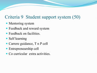 Criteria 9 Student support system (50)
 Mentoring system
 Feedback and reward system
 Feedback on facilities.
 Self learning
 Carrere guidance, T n P cell
 Entrepreneurship cell
 Co curricular extra activities.
 