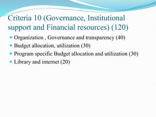 Criteria 10 (Governance, Institutional
support and Financial resources) (120)
 Organization , Governance and transparency (40)
 Budget allocation, utilization (30)
 Program specific Budget allocation and utilization (30)
 Library and internet (20)
 