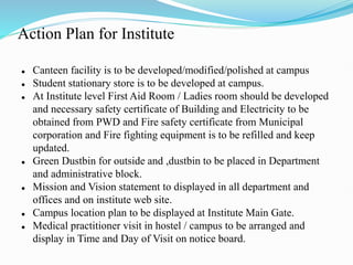 Action Plan for Institute
 Canteen facility is to be developed/modified/polished at campus
 Student stationary store is to be developed at campus.
 At Institute level First Aid Room / Ladies room should be developed
and necessary safety certificate of Building and Electricity to be
obtained from PWD and Fire safety certificate from Municipal
corporation and Fire fighting equipment is to be refilled and keep
updated.
 Green Dustbin for outside and ,dustbin to be placed in Department
and administrative block.
 Mission and Vision statement to displayed in all department and
offices and on institute web site.
 Campus location plan to be displayed at Institute Main Gate.
 Medical practitioner visit in hostel / campus to be arranged and
display in Time and Day of Visit on notice board.
 