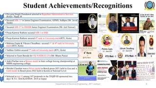 Student Achievements/Recognitions
Department of Electrical Engineering, JIET, Jodhpur
1
• Divyaraj Singh Chundawat selected in Rajasthan Administrative Services
(RAS) - Rank 38
2
• Secured AIR- 1st in Junior Engineer Examination, AIIMS, Jodhpur (Mr. Javed
Tazak)
3
• Secured AIR-3rd in DSSSB Junior Engineer Examination.(Mr. Anil Sinwar)
4
• Pooja Kanwar Rathore secured AIR-1 in SSB.
5
• Pooja Kanwar Rathore secured 4th rank in University merit(RTU, Kota)
6
• Mahima Gupta & Vikram Choudhary secured 1st & 4th rank in University
merit (RTU, Kota)
7
• Vaibhav Gehlot secured 7th rank in University merit (RTU, Kota)
8
• Selected in Team Baroda for CK NAIDU(U-25) (Mr. Bhanu Pania)
9
• Ankit Parihar won a Bronze medal in Inter college boxing championship at
MBM engineering college.
10
• Shrishti Chouhan won a Silver medal in Bench press-2021 held in Goa and a
Gold medal in Bench press-2022 held in Kerala at National Level.
11
• Selected in top 15 among 107 proposals in the TEQIP-III sponsored two
days’ R.T.U. HACKATHON 2018 at Jaipur.
6
 