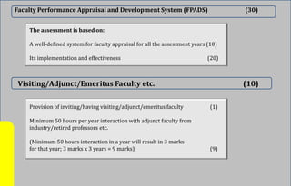 Faculty Performance Appraisal and Development System (FPADS) (30)
The assessment is based on:
A well-defined system for faculty appraisal for all the assessment years (10)
Its implementation and effectiveness (20)
Provision of inviting/having visiting/adjunct/emeritus faculty (1)
Minimum 50 hours per year interaction with adjunct faculty from
industry/retired professors etc.
(Minimum 50 hours interaction in a year will result in 3 marks
for that year; 3 marks x 3 years = 9 marks) (9)
Visiting/Adjunct/Emeritus Faculty etc. (10)
 