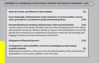 CRITERION 10 :GOVERNANCE, INSTITUTIONAL SUPPORT AND FINANCIAL RESOURCES (120)
State the Vision and Mission of the Institute (5)
Governing body, administrative setup, functions of various bodies, service
rules, procedures, recruitment and promotional policies (10)
Decentralization in working and grievance redressal mechanism (10)
List the names of the faculty members who have been delegated powers for taking
administrative decisions. Mention details in respect of decentralization in working.
Specify the mechanism and composition of grievance redressal cell including Anti
Ragging Committee & Sexual Harassment Committee.
Delegation of financial powers (10)
Transparency and availability of correct/unambiguous information
in public domain (5)
(Information on policies, rules, processes and dissemination of this information to
stakeholders is to be made available on the web site)
 