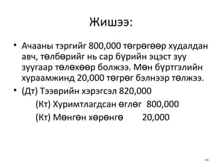 Жишээ: Ачааны тэргийг 800,000 төгрөгөөр худалдан авч, төлбөрийг нь сар бүрийн эцэст зуу зуугаар төлөхөөр болжээ. Мөн бүртгэлийн хураамжинд 20,000 төгрөг бэлнээр төлжээ.  (Дт) Тээврийн хэрэгсэл 820,000 (Кт) Хуримтлагдсан өглөг 800,000 (Кт) Мөнгөн хөрөнгө   20,000  