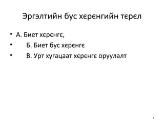 Эргэлтийн бус хєрєнгийн тєрєл А. Биет хєрєнгє,  Б. Биет бус хєрєнгє  В. Урт хугацаат хєрєнгє оруулалт 