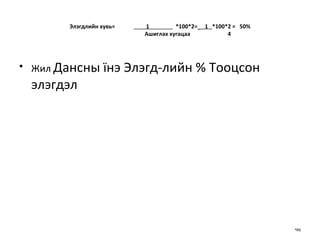 Элэгдлийн хувь=   1  *100*2= _   1  *100*2 =  50%   Ашиглах хугацаа  4 Жил   Дансны  ї нэ Элэгд-лийн % Тооцсон элэгдэл 