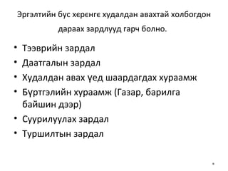 Э ргэлтийн бус хєрєнгє худалдан авахтай холбогдон дараах зардлууд гарч болно.   Тээврийн зардал Даатгалын зардал Худалдан авах үед шаардагдах хураамж Бүртгэлийн хураамж (Газар, барилга байшин дээр) Суурилуулах зардал Туршилтын зардал  