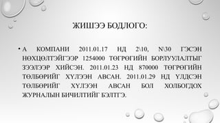 ЖИШЭЭ БОДЛОГО:
• А КОМПАНИ 2011.01.17 НД 210, N30 ГЭСЭН
НӨХЦӨЛТЭЙГЭЭР 1254000 ТӨГРӨГИЙН БОРЛУУЛАЛТЫГ
ЗЭЭЛЭЭР ХИЙСЭН. 2011.01.23 НД 870000 ТӨГРӨГИЙН
ТӨЛБӨРИЙГ ХҮЛЭЭН АВСАН. 2011.01.29 НД ҮЛДСЭН
ТӨЛБӨРИЙГ ХҮЛЭЭН АВСАН БОЛ ХОЛБОГДОХ
ЖУРНАЛЫН БИЧИЛТИЙГ БЭЛТГЭ.
 