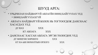 ШУУД АРГА:
• УРЬДЧИЛАН НАЙДВАРГҮЙ АВЛАГЙН НӨӨЦ БАЙГУУЛАХ ҮЕД
• НӨӨЦ БАЙГУУЛАХГҮЙ
• АВЛАГА НАЙДВАРГҮЙ БОЛОХ НЬ ТОГТООГДОЖ ДАНСНААС
ХАСАГДАХ ҮЕД
ДТ НАЗ ХХХ
КТ АВЛАГА ХХХ
• ДАНСНААС ХАССАН АВЛАГА ЭРГЭН ТӨЛӨГДӨХ ҮЕД
ДТ МӨНГӨН ХӨРӨНГӨ ХХХ
КТ НА-ЫН НӨХӨЛТЫН ОРЛОГО ХХХ
 