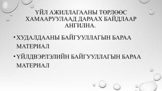 ҮЙЛ АЖИЛЛАГААНЫ ТӨРЛӨӨС
ХАМААРУУЛААД ДАРААХ БАЙДЛААР
АНГИЛНА.
•ХУДАЛДААНЫ БАЙГУУЛЛАГЫН БАРАА
МАТЕРИАЛ
•ҮЙЛДВЭРЛЭЛИЙН БАЙГУУЛЛАГЫН БАРАА
МАТЕРИАЛ
 