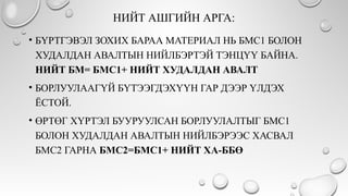 НИЙТ АШГИЙН АРГА:
• БҮРТГЭВЭЛ ЗОХИХ БАРАА МАТЕРИАЛ НЬ БМС1 БОЛОН
ХУДАЛДАН АВАЛТЫН НИЙЛБЭРТЭЙ ТЭНЦҮҮ БАЙНА.
НИЙТ БМ= БМС1+ НИЙТ ХУДАЛДАН АВАЛТ
• БОРЛУУЛААГҮЙ БҮТЭЭГДЭХҮҮН ГАР ДЭЭР ҮЛДЭХ
ЁСТОЙ.
• ӨРТӨГ ХҮРТЭЛ БУУРУУЛСАН БОРЛУУЛАЛТЫГ БМС1
БОЛОН ХУДАЛДАН АВАЛТЫН НИЙЛБЭРЭЭС ХАСВАЛ
БМС2 ГАРНА БМС2=БМС1+ НИЙТ ХА-ББӨ
 