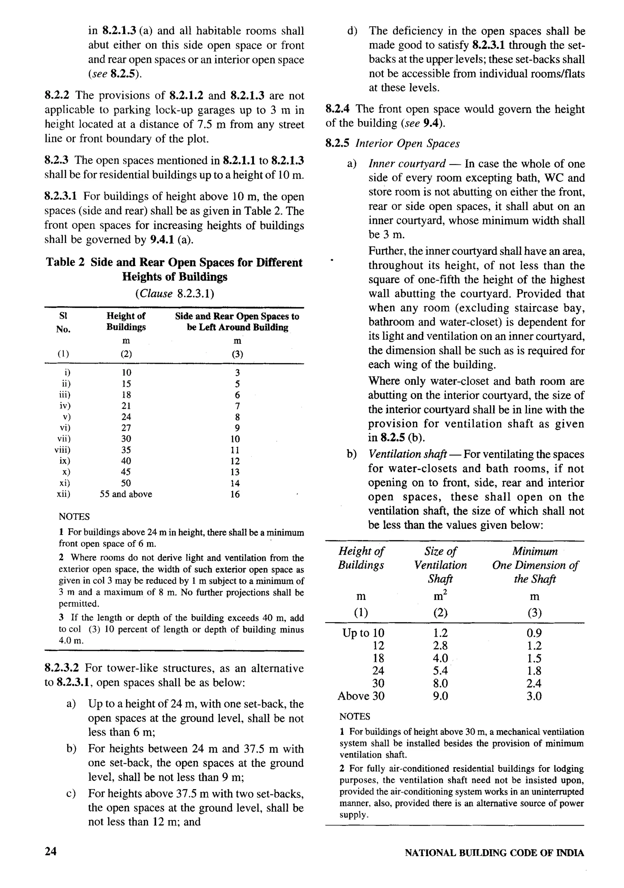 in 8.2.1.3 (a) and all habitable rooms shall                   d)     The deficiency in the open spaces shall be
              abut either on this side open space or front                          made good to satisfy 8.2.3.1 through the set-
              and rear open spaces or an interior open space                        backs at the upper levels; these set-backs shall
              (see 8.2.5).                                                          not be accessible from individual rooms/flats
                                                                                    at these levels.
8.2.2 The provisions of 8.2.1.2 and 8.2.1.3 are not
applicable to parking lock-up garages up to 3 m in                     8.2.4 The front open space would govern the height
height located at adistanceof   7.5 mfrom any street                   of the building (see 9.4).
line or front boundary of the plot.                                    8.2.5 Interior Open Spaces
8.2.3 The open spaces mentioned in 8.2.1.1 to 8.2.1.3                        a)     Inner courtyard — In case the whole of one
shall be for residential buildings up to a height of 10 m.                          side of every room excepting bath, WC and
8.2.3.1 For buildings          of height above 10 m, the open                       store room is not abutting on either the front,
spaces (side and rear)         shall be as given in Table 2. The                    rear or side open spaces, it shall abut on an
front open spaces for           increasing heights of buildings                     inner courtyard, whose minimum width shall
shall be governed by           9.4.1 (a).                                           be 3 m.
                                                                                    Further, the inner courtyard shall have an area,
Table 2 Side and Rear Open Spaces for Different                        .
                                                                                    throughout its height, of not less than the
              Heights of Buildings                                                  square of one-fifth the height of the highest
                           (Clause 8.2.3.1)                                         wall abutting the courtyard. Provided that
                                                                                    when any room (excluding staircase bay,
      sl          Height of         Side and Rear Open Spaces to
                  Buildings            be Left Around Building
                                                                                    bathroom and water-closet) is dependent for
     No.
                      m                                                             its light and ventilation on an inner courtyard,
      (1)            (2)                          (:)                               the dimension shall be such as is required for
                                                                                    each wing of the building.
        O             10                           3
       ii)            15                           5                                Where only water-closet and bath room are
      iii)            18                           6                                abutting on the interior courtyard, the size of
      iv)             21                           7                                the intenor courtyard shall be in line with the
       v)             24                           8
       vi)            27                           9                                provision     for ventilation  shaft as given
      vii)            30                          10                                in 8.2.5 (b).
     viii)            35                          11                        b)      Ventilation shajl — For ventilating the spaces
      ix)            40                           12
       @             45                           13                                for water-closets     and bath rooms, if not
      xi)            50                           14                                opening on to front, side, rear and interior
     xii)       55 and above                      16                                open spaces,       these shall open on the
                                                                                    ventilation shaft, the size of which shall not
      NOTES
                                                                                    be less than the values given below:
      1 For buildings above 24 m in height, there shall be a minimum
      front open space of 6 m.
                                                                           Height of            Size of              Minimum
      2 Where rooms do not derive light and ventilation from the
      exterior open space, the width of such exterior open space as        Buildings          Ventilation         One Dimension of
      given in CO13 maybe reduced by 1 m subject to a minimum of                                 Shafi                the Sh@
      3 m and a maximum of 8 m. No further projections shall be
                                                                                                   m’
      permitted.
      3 If the length or depth of the building exceeds 40 m, add
                                                                              (?)                  (2)                     (;)
      to CO1 (3) 10 percent of length or depth of building minus
                                                                            up to 10               1.2                     0.9
      4.0 m.
                                                                                  12               2.8                     1.2
                                                                                  18               4.0                     1.5
8.2.3.2 For tower-like structures, as an alternative                              24               5.4                     1.8
to 8.2.3.1, open spaces shall be as below:                                        30               8.0                     2.4
                                                                           Above 30                9.0                     3.0
         a)   Up to a height of 24 m, with one set-back, the
              open spaces at the ground level, shall be not                NOTES
              less than 6 m;                                               1 For buikthgs of height above 30 m, a mechanical ventilation
                                                                           system shall be installed besides the provision of minimum
         b)   For heights between 24 m and 37.5 m with
                                                                           ventilation shaft.
              one set-back, the open spaces at the ground
                                                                           2 For fully air-conditioned residential buildings for lodging
              level, shall be not less than 9 m;                           purposes, the ventilation shaft need not be insisted upon,
         c)   For heights above 37.5 m with two set-backs,                 provided the air-conditioning system works in an uninterrupted
                                                                           manner, also, provided there is an alternative source of power
              the open spaces at the ground level, shall be
                                                                           supply.
              not less than 12 m; and

24                                                                                          NATIONAL BUILDING CODE OF INDIA
 