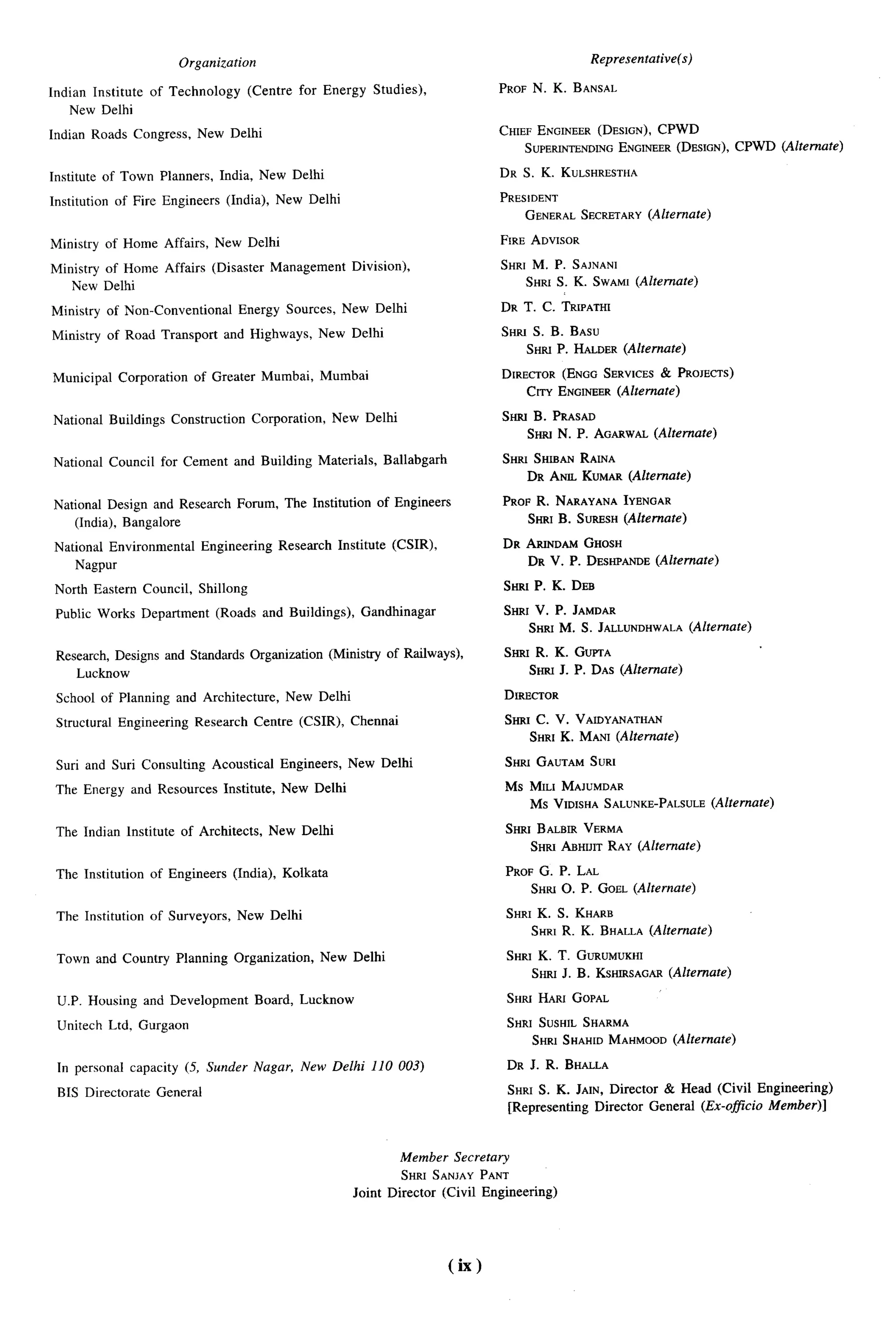 F-




                             Organization                                                                          Representative(s)

Indian Institute        of Technology         (Centre     for Energy       Studies),                PROF N. K. BANSAL
    New Delhi
Iudian Roads Congress,             New Delhi                                                        CHIEF ENGINEER(DESIGN), CPWD
                                                                                                        Superintending ENGINEER(DESIGN), CPWD (Alternate)

Institute of Town Plauners,            India, New Delhi                                             DR S. K. KULSHRESTHA

Institution    of Fire Engineers        (India), New Delhi                                          PRESiDENT
                                                                                                       GENERALSECRETARY
                                                                                                                      (Alternate)

Ministry of Home Affairs,            New Delhi                                                      FIRE ADVISOR

Ministry of Home Affairs             (Disaster       Management        Division),                   SHRI M. P. SAINANI
   New Delhi                                                                                           SHRI S. K. SWAMI(Alternate)

Ministry      of Non-Conventional          Energy Sources,          New Delhi                       DR T. C. TRIPATHI

Ministry      of Road Transport         and Highways,        New Delhi                              SHKSS. B. BASU
                                                                                                       SHRt P. HALDER(Alternate)

Municipal      Corporation      of Greater Mumbai,           Mumbai                                 DIRECTOR(ENGG SERVICES& PROIECTS)
                                                                                                        CITY ENGINEER(Alternate)

National      Buildings    Construction       Corporation,       New Delhi                          Sstro B. PRASAD
                                                                                                         Smw N. P. AGARWAL(Alternate)

National      Council     for Cement      and Building       Materials,         Ballabgarh          SHRI SHtBAN RAtNA
                                                                                                       DR ANIL KUMAR(Alternate)

National Design and Research               Forum, The Institution           of Engineers            PROtI R. NARAYANAIY~NGAR
    (India), Bangalore                                                                                 SHRI B. SURESH(Alternate)

 National Environmental            Engineering        Research      Institute    (CSIR),            DR ARINDAMGHOSH
     Nagpur                                                                                            DR V. P. DESHPANDE
                                                                                                                        (Altema?e)

 North Eastern      Council,       Shillong                                                         SHRI P. K. DEB

 Public Works Department              (Roads and Buildings),             Gandhinagar’               SHRI V. P. JAMDAR
                                                                                                       SHRI M. S. JALLUNDHWALA
                                                                                                                             (Alternate)

 Research, Designs and Standads               Organization       (Ministry of Railways),            SHRI R. K. GUPTA
    Lucknow                                                                                            SHSUJ. P. DAS (Alternate)

 School of Planning          and Architecture,          New Delhi                                   DtR~CTOR

 Structural    Engineering      Research       Centre     (CSIR),     Chennai                       Srrru C. V. VAIDYANATHAN
                                                                                                         SHRI K. MANI (Alternate)

 Suri and Suri Consulting            Acoustical       Engineers,      New Delhi                     SHRI GAUTAMSURI

 The Energy and Resources               Institute,    New Delhl                                     Ms MILI MAJUMDAR
                                                                                                       Ms VIDLSHASALUNKE-PALSULE
                                                                                                                               (Alternate)

 The Indian Institute        of Architects,          New Delhi                                       SHRI BALBIR VBRMA
                                                                                                        SHRSABHIJITRAY (Alternate)

 The Institution        of Engineers      (India), Kolkata                                           PROF G. P. LAL
                                                                                                        SHRI O. P. GOBL (Alternate)

 Tbe Institution        of Surveyors,      New Delhi                                                 SHRI K. S. KHARB
                                                                                                        SHR1R. K. BHALLA(Alternate)

 Town and Country            Planning     Organization,      New Delhi                               SHRI K. T. GORUMUKHI
                                                                                                        SHRI J. B. KSHtRSAGAR
                                                                                                                            (Altemare)

 U.P. Housing       and Development            Board, Lucknow                                        SHRt HARt GOPAL

 Unitech Ltd, Gurgaon                                                                                SHR] SUSH]LSHARMA
                                                                                                        SHRI SHAHtDMAHMOOD(Alternate)

 Impersonal       capacity    (5, Sunder Nagar,           New Delhi l10003)                          DR J. R. BHALLA

 BIS Directorate         General                                                                     SHRI S. K. JAIN, Director & Head (Civil Engineering)
                                                                                                     [Representing Director General (Ex-of/icio Mernberj



                                                                               Member Secretary
                                                                               SHRI SANJAYPANT
                                                                       Joint Director (Civil Engineering)




                                                                                             (ix)
 