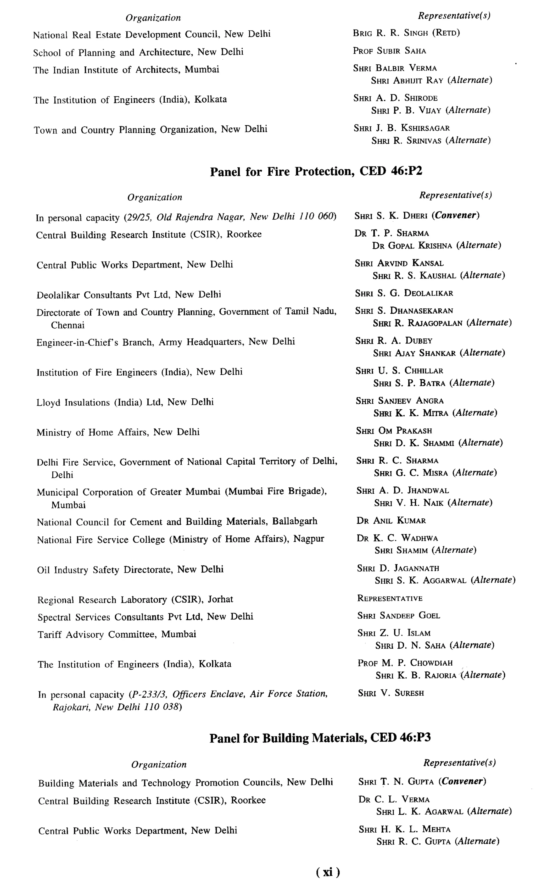 -T-




                              Orgarrizcrtion                                                                      Representative(s)

National    Real Estate Development                 Council,    New Delhi                          BRIG R. R. SINGH (RETD)

School of Planning          and Architecture,          New Delhi                                   PROF SUBIR SAHA

The Indian Institute         of Architects,         Mumbai                                         SHRt BALBIR VERMA
                                                                                                      SHR] ABHU]TRAY (Alfernate)

The Institution      of Engineers        (India), Kolkata                                          SHRI A. D. SHIRODE
                                                                                                      SHR] P. B. VLIAY(Alternate)

Town and Country            Planning     Organization,         New Delhi                           SHRI J. B. KSHIRSAGAR
                                                                                                      SHRI R. SRINWAS(Alternate)


                                                          Panel for Fire Protection,                CED 46:P2

                              Organization                                                                        Representative(s)

In personal capacity (29/25, Old Rajendra                      Nagar, New Delhi 110 060)           SHRI S. K. DHERI (Convener)

Central Building          Research     Institute     (CSIR),     Roorkee                           DR   T. P. SHABMA
                                                                                                        DR GOPAL KRISHNA(Alternate)

Central Public Works Department,                    New Delhi                                      SHRI ARVIND KANSAL
                                                                                                      SHRI R. S. KAUSHAL(Alternate)

Deolalikar      Consultants     Pvt Ltd, New Delhi                                                 SHRI S. G. DEOLALIKAR

Directorate of Town and Country Planning, Government                          Gf Tamil Nadu,       SHRI S. DHANASEKARAN
    Chennai                                                                                           SHRI R. RA.JAGOPALAN
                                                                                                                         (Alternate)

Engineer-in-Chie~s           Branch, Army Headquarters,               New Delhi                    SHRt R. A. DUBEY
                                                                                                      SHP.IAJAY SHANKAR(Alternate)

Institution     of Fire Engineers        (India), New Delhi                                        SHRI U. S. CHHILLAR
                                                                                                      SHRI S. P. BATRA(Alrerrrate)

Lloyd Insulations          (India) Ltd, New Delhi                                                  SHRI SANJEEVANGRA
                                                                                                      .%-m K. K. MrTBA (Altemafe)

Ministry      of Home Affairs,          New Delhi                                                  SHat OM PRARASH
                                                                                                       SHRI D. K. SHAMMI(Alternate)

 Delhi Fire Service, Government               of National       Capital Territory of Delhi,        SHIU R. C. SHARMA
    Delhi                                                                                              SHRI G. C. MISRA (Alternate)

Municipal Corporation            of Greater         Mumbai      (Mumbai      Fire Brigade),        SHRI A. D. JHANDWAL
   Mumbai                                                                                             SHRI V. H. NAIK (Alternate)

 National     Council      for Cement      and Building         Materials,    Ballabgrrrh          DR ANIL KUMAR

 National Fire Service         College      (Ministry      of Home Affairs),       Nagpur          DR K. C. WADHWA
                                                                                                      SHRI SHAMIM(Alfemate)

 Oil Industry      Safety Directorate,         New Delhi                                           SHRI D. JAGANNATH
                                                                                                      SHRI S. K. AGGARWAL
                                                                                                                        (Alternate)

 Regional      Research     Laboratory       (CSIR),      Jorhat                                   REPRBSENTATWB

 Spectral     Services     Consultants     Pvt Ltd, New Delhi                                      SHRI SANDBEPGOEL

 Tariff Advisory         Committee,      Mumbai                                                     SHRI Z. U. ISLAM
                                                                                                       SHRI D. N. SAHA (Alternate)

 The Institution         of Engineers     (India),     Kolkata                                      PROF M. P. CHOWDIAH
                                                                                                       SHR1K. B. RAJORtA(Alternate)

 In personal capacity (P-233/3, Ofjlcers                  Enclave,    Air Force Station,            SHRI V. SURESH
     Rajokari, New Delhi 110 038)


                                                          Panel for Building Materials,                 CED 46:P3

                               Organization                                                                        Representative(s)

 Building      Materials     and Technology           Promotion      Councils,    New Delhi         SHRI T. N. GUmA (Convener)

 Central      Building     Research     Institute     (C.’WR), Roorkee                              DR C. L. VERMA
                                                                                                       SHRI L. K. AOARWAL(Alternate)

 Central      Public Works Department,               New Delhi                                      SHRI H. K. L. MEHTA
                                                                                                       SHFOR. C. GUFTA (Alternate)


                                                                                            (xi)
 