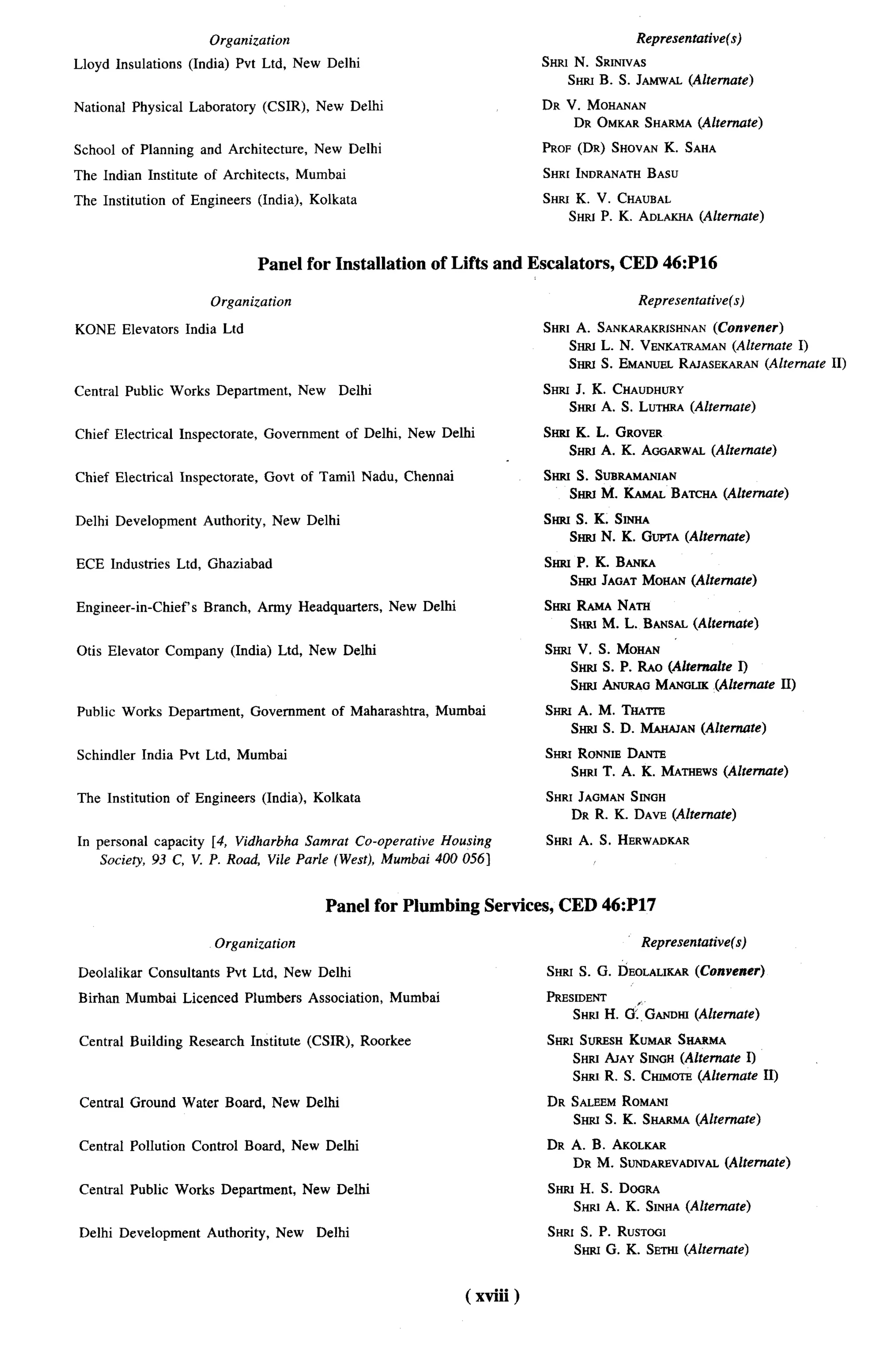 Organization                                                                       Representative(s)

Lloyd Insulations        (India) Pvt Ltd, New Delhi                                         SHRI N. SRINIVAS
                                                                                               SHar B. S. JAMWAL(Alternate)

National    Physical     Laboratory       (CSIR),     New Delhi                             DR V. MOHANAN
                                                                                                   DR OMKAR SHARMA (Alternate)

School of Planning          and Architecture,         New Delhi                             PROF (DR) SHOVAN K. SAHA

The Indian Institute        of Architects,          Mumbai                                  SHR[ INDRANATH
                                                                                                         BASU

The Institution    of Engineers          (India), Kolkata                                   SrrRS K. V. CHAUBAL
                                                                                                SHKSP. K. ADLAKHA(Alternate)


                                         Panel for Installation             of Lifts and Escalators,        CED 46:P16

                              Organization                                                                      Representative(s)

KONE Elevators           India Ltd                                                          SHR1A. SANKARAKRISHNAN(Convener)
                                                                                                   SHRSL. N. VENKATRAMAN(Alternate I)
                                                                                                   Smu S. EMANUELRAJASEKARAN(Alternate            II)
Central    Public Works Department,                 New    Delhi                            SHRt J. K. CHAUDHURY
                                                                                                   Smu A. S. LUTHRA (Alternate)

Chief Electrical        Inspectorate,     Government          of Delhi, New Delhi           Srmt    K. L.   GROVER
                                                                                                   SI-KUA. K.   AOGARWAL
                                                                                                                      (Alternate)

Chief Electrical        Inspectorate,     Govt of Tamil Nadu, Chennai                       Smn S. SuaRAMANIAN
                                                                                               SHRS KAMALATCHA (Alternate)
                                                                                                    M.       B                                          &-

Delhi Development           Authority,      New Delhi                                       Stint S. K. SmHA
                                                                                                   Sma N. K. GUPTA
                                                                                                                 (Alternate)

ECE Industries         Ltd, Ghaziabad                                                       Smu     P. K. BANKA
                                                                                                   SHSU JAOAT MOHAN (Alternate)

Engineer-in-Chief’s         Branch,      Army Headquarters,         New Delhi               SHRS RAMA NATH
                                                                                               Smu M. L. BANSAL(Alternate)

Otis Elevator      Company         (India) Ltd, New Delhi                                   Smt V. S. MOHAN
                                                                                                   Smu S. P. RAO (Alterndte I)
                                                                                                   Srntr ANURAG MANGLIK(Alternate           II)

Public Works Department,                Government        of Maharashtra,    Mumbai         Ssrru A. M. THATTE
                                                                                                 SHSGS. D. WAN              (Alternate)

Schindler     India Pvt Ltd, Mumbai                                                         SHRI RONNtE DANTE
                                                                                                   SHtU T. A. K. MATHEWS (Alternate)

The Institution        of Engineers       (India), Kolkata                                  SHRI JAGMANStNGH
                                                                                               DR R. K. DAVE (Alternate)

In personal capacity [4, Vidharbha Samrat Co-operative Housing                              SHRI A. S. HERWADKAR
    Socie@, 93 C, V. P. Road, Vile Parle (West), Mumbai 400 056]


                                                          Panel for Plumbing Services, CED 46:P17

                              Organization                                                                      Representative(s)

Deolalikar     Consultants       Pvt Ltd, New Delhi                                         SHRI S. G. DEOLALIKAR(Convener)

Birhatr Mumbai          Licenced      Plumbers       Association,   Mumbai                  PRESIDENT
                                                                                                   SHst H. CX~
                                                                                                             GANDrrr(Alternate)

Central     Building     Research       Institute    (CSIR),    Roorkee                     SHRI SORESHKOMAR%urMA
                                                                                               SHSUAIAY StNGH (Alternate I)
                                                                                               SHSGR. S. CmMora (Alternate                11)
 Central Ground Water Board. New Delhi                                                      DR SALEEMROMANS
                                                                                               SHIG S. K. SHARMA(Alternate)

Central     Pollution     Control     Board, New Delhi                                      DR A.      B.   AKOLKAR
                                                                                                                     (Alternate)
                                                                                                   DR M. SUNDARSVADWAL

Central     Public Works Department,                New Delhi                               Smu H. S. DOGRA
                                                                                               SHRI A. K. SINHA(Alternate)

Delhi Development            Authority,      New      Delhi                                 SHRI S. P. RUSTOG1
                                                                                                   SHru G. K. SEITU (Alternate)



                                                                                 ( xviii)
 