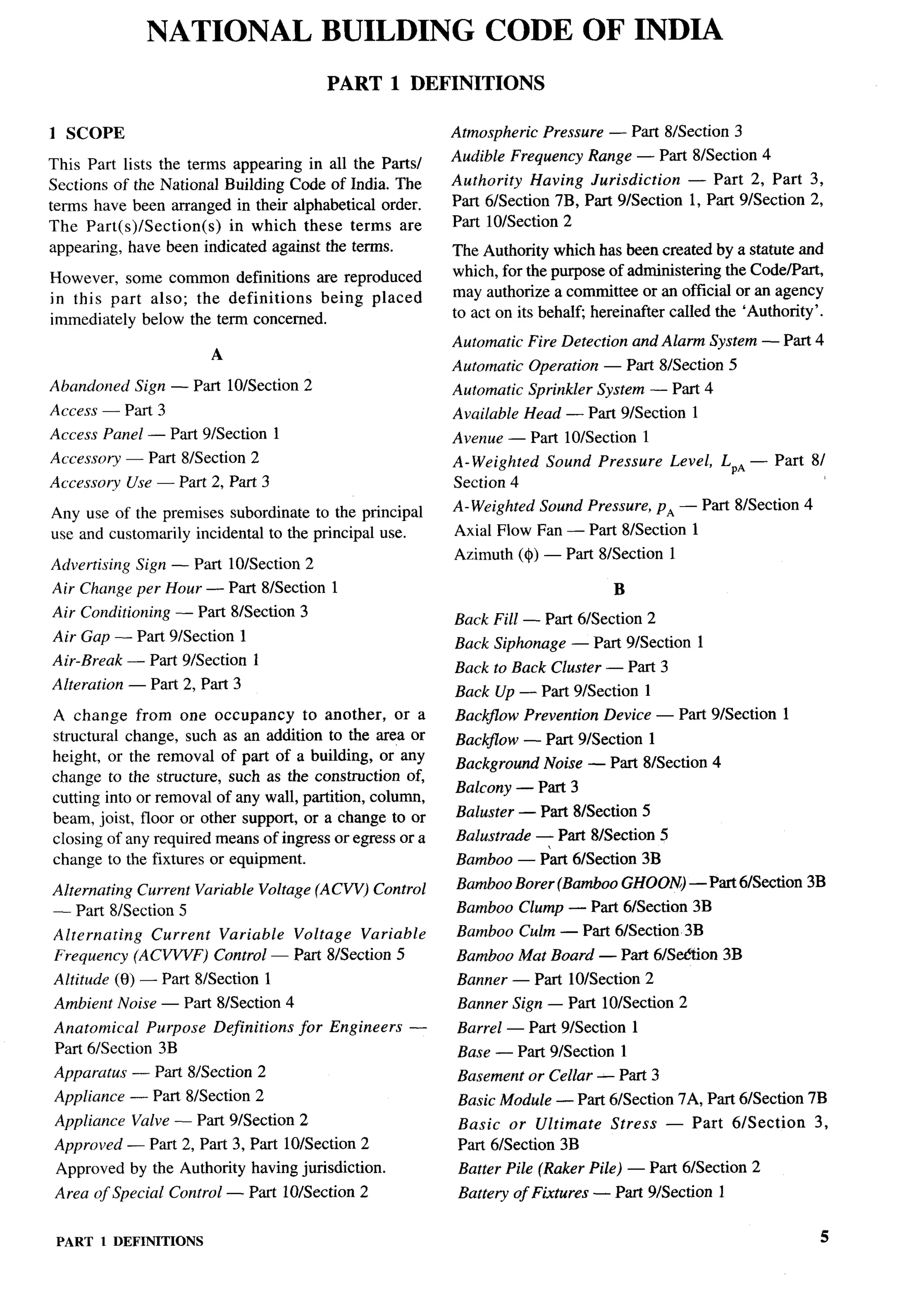 r
                                                                                                                                       ,’>-
                                                                                                                                         ,*.


                       NATIONAL                      BUILDING CODE
                                                      PART 1 DEFINITIONS

1 SCOPE                                                               Atmospheric    Pressure — Part 81Section 3
This Part lists the terms appearing in all the Parts/                 Audible Frequency Range — Part 81Section 4
Sections of the National Building Code of India. The                  Authority   Having Jurisdiction   — Part 2, Part 3,
terms have been arranged in their alphabetical order.                 Part 6/Section 7B, Part 9/Section 1, Part 9/Section 2,
The Part(s) /Section(s)   in which these terms are                    Part 10/Section 2
appearing, have been indicated against the terms.                     The Authority which has been created by a statute and
However, some common definitions are reproduced                       which, for the purpose of administering the Code/Pint,
in this part also; the definitions    being placed                    may authorize a committee or an official or an agency
immediately below the term concerned.                                 to act on its behalfl hereinafter called the ‘Authority’.
                                                                      Automatic Fire Detection and Alarm System — Part 4
                                   A
                                                                      Automatic     Operation — Part 81Section 5
Abandoned            Sign — Part 10/Section 2                         Automatic     Sprinkler System — Part 4
Access — Part 3                                                       Available Head — Part 9/Section           1
Access       Panel     — Part     9/Section   1                       Avenue — Part 10/Section          1
Accessory        — Part 8/Section 2                                   A-Weighted      Sound Pressure        Level,   LPA — Part 81
Accessoiy        Use — Part 2, Part 3                                 Section 4                                                                 ,---

Any use of the premises subordinate to the principal                  A-Weighted     Sound Pressure, pA — Part 8/Section 4
use and customarily incidental to the principal use.                  Axial Flow Fan — Part 8/Section 1
                                                                                                                                       &...

Advertising          Sign — Part 10/Section 2                         Azimuth ($) — Part 8/Section          1

Air   Change         per   Hour   —    Part 8/Section 1                                        B
Air Conditioning            — Part 81Section 3
                                                                      Back Fill — Part 61Section 2
Air Gap — Part 9/Section 1
                                                                      Back Siphonage — Part 9/Section           1
Air-l?reak       —     Part 9/Section     1
                                                                      Back to Back Cluster — Part 3
Alteration       —      Part 2, Part 3
                                                                      Back Up — Part 9/Section          1
A change from one occupancy          to another, or a                 Backfiow Prevention Device — Part 91Section 1
structural change, such as an addition to the area or                 Backjlow — Part 9/Section 1
height, or the removal of part of a building, or any
                                                                      Background      Noise — Part 8/Section 4
change to the structure, such as the construction of,
cutting into or removal of any wall, partition, column,               Balcony — Part 3
beam, joist, floor or other support, or a change to or                Baluster — Part 8/Section 5
closing of any required means of ingress or egress or a               Balustrade     — Part 8/Section 5
change to the fixtures or equipment.                                  Bamboo — Part 61Section 3B
Alternating Current Variable Voltage (ACW)                  Control   Bamboo Borer (Bamboo GHOOIV) — Part 6/Section 3B
— Part 8/Section 5                                                    Bamboo Clump — Part 61Section 3B
                                                                                                                                        ... .    .
Alternating  Current                Variable Voltage Variable         Bamboo Culm — Part 6LSection 3B
Frequency (A CWVF)                 Control — Rut 81Section 5          Bamboo Mat Board — Part 6/Sedtion 3B
Altitude       (E)) —      Part 8/Section 1                           Banner — Part 10/Section 2
Ambient Noise — Part 8/Section 4                                      Banner Sign — Part 10ISection 2
Anatomical    Purpose              Definitions    for Engineers   —   Barrel — Part 9/Section       1
Part 61Section 3B                                                     Base — Part 9/Section     1
Apparatus            — Part 8/Section 2                               Basement or Cellar — Part 3
Appliance        — Part 8/Section 2                                   Basic Module — Part 6/Section 7A, Part 61Section 7B
Appliance            Valve — Part 91Section 2                          Basic or Ultimate       Stress       — Part    61Section   3,
Approved         — Part 2, Part 3, Part 10/Section 2                   Part 6/Section 3B
 Approved        by the Authority having jurisdiction.                 Batter Pile (Raker Pile) — Part 61Section 2
Area of Special Control — Part 10/Section 2                            Battery of Fixtures — Part 91Section 1


 PART      1 DEFINITIONS                                                                                                          5
 