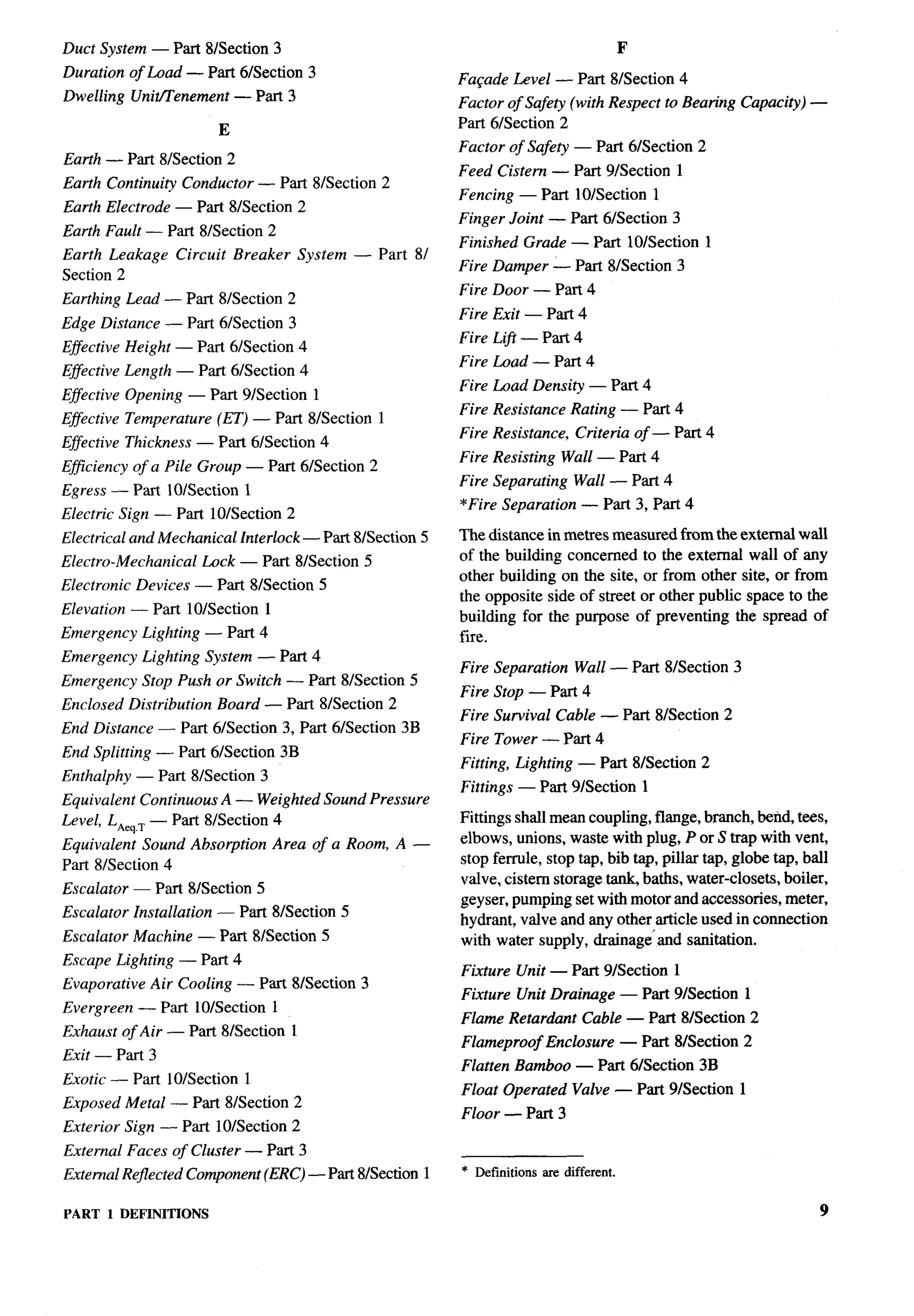 Duct System — Part 81Section 3                                                                 F
Duration of Load — Part 6/Section 3                             Fa~ade Level — Part 81Section 4
Dwelling Uniflenement           — Part 3                        Factor of Safety (with Respect to Bearing Capacity) —
                            E                                   Part 61Section 2
                                                                Factor of Safety — Part 61Section 2
Earth — Part 81Section 2
                                                                Feed Cistern — Part 9/Section              1
Earth Continuity Conductor — Part 81Section 2
                                                                Fencing — Part 10/Section              1
Earth Electrode — Part 81Section 2
                                                                Finger Joint — Part 61Section 3
Earth Fault — Part 81Section 2
                                                                Finished Grade — Part 10/Section               1
Earth Leakage     Circuit       Breaker    System   — Part 8/
                                                                Fire Damper — Part 81Section 3
Section 2
                                                                Fire Door — Part 4
Earthing Lead — Part 81Section 2
                                                                Fire Exit — Part 4
Edge Distance — Part 61Section 3
                                                                Fire Lift — Part 4
Effective Height — Part 61Section 4
                                                                Fire Load — Part 4
Effective Length — Part 61Section 4
                                                                Fire Load Density — Part 4
Effective Opening — Part 91Section 1
                                                                Fire Resistance Rating — Part 4
Effective Temperature      (ET) — Part 81Section 1
                                                                Fire Resistance,    Criteria of — Part 4
Effective Thickness — Part 61Section 4
                                                                Fire Resisting Wall — Part 4
Efficiency of a Pile Group — Part 61Section 2
                                                                Fire Separating     Wall — Part 4
Egress — Part 10ISection 1
                                                                *Fire Separation — Part 3, Part 4
Electric Sign — Part ltYSection 2
Electrical and Mechanical Interlock — Part 81Section 5          The distance in metres measured from the external wall
Electro-Mechanical       Lock — Part 81Section 5                of the building concerned to the external wall of any
                                                                other building on the site, or from other site, or from
Electronic Devices — Part 81Section 5
                                                                the opposite side of street or other public space to the
Elevation — Part 10ISection 1
                                                                building for the purpose of preventing the spread of
Emergency     Lighting — Part 4                                 fire.
Emergency     Lighting System — Part 4
                                                                Fire Separation     Wall — Part 8/Section 3
Emergency     Stop Push or Switch — Part 81Section 5
                                                                Fire Stop — Part 4
Enclosed Distribution      Board — Part 81Section 2
                                                                Fire Survival Cable — Part 81Section 2
End Distance — Part 61Section 3, Part 61Section 313
                                                                Fire Tower — Part 4
End Splitting — Part 61Section 3B
                                                                Fitting, Lighting — Part 81Section 2
Enthalphy — Part 81Section 3
                                                                Fittings — Part 9/Section          1
Equivalent Continuous A — Weighted Sound Pressure
Level, L~e~,~— Part 81Section 4                                 Fittings shall mean coupling, flange, branch, bend, tees,
Equivalent Sound Absorption          Area of a Room, A —        elbows, unions, waste with plug, P or S trap with vent,
Part 8/Section 4                                                stop ferrule, stop tap, bib tap, pillar tap, globe tap, ball
                                                                valve, cistern storage tanlG baths, water-closets, boiler,
Escalator — Part 81Section 5
                                                                geyser, pumping set with motor and accessories, meter,
Escalator Installation     — Part 81Section 5
                                                                hydrant, valve and any other article used in connection
Escalator Machine — Part 81Section 5                            with water supply, drainage’ and sanitation.
E.vcape Lighting — Part 4
                                                                Fixture Unit — Pat 9/Section               1
Evaporative    Air Cooling — Part 81Section 3
                                                                Fixture Unit Drainage — Part 91Section 1
Evergreen — Part 10/Section 1
                                                                Flame Retardant       Cable — Part 81Section 2
Exhaust of Air — Part 81Section 1
                                                                Flameproof     Enclosure — Part 81Section 2
Exit — Part 3
                                                                Flatten Bamboo — Part 61Section 3B
Exotic — Part 10/Section 1
                                                                Float Operated Valve — Part 91Section 1
Exposed Metal — Part 81Section 2
                                                                Floor — Part 3
Exterior Sign — Part 10/Section 2
External Faces of Cluster — Part 3
External Re@ected Component (ERC) — Part 8/Section 1            * Definitions sre different.

PART   1 DEFINITIONS
 