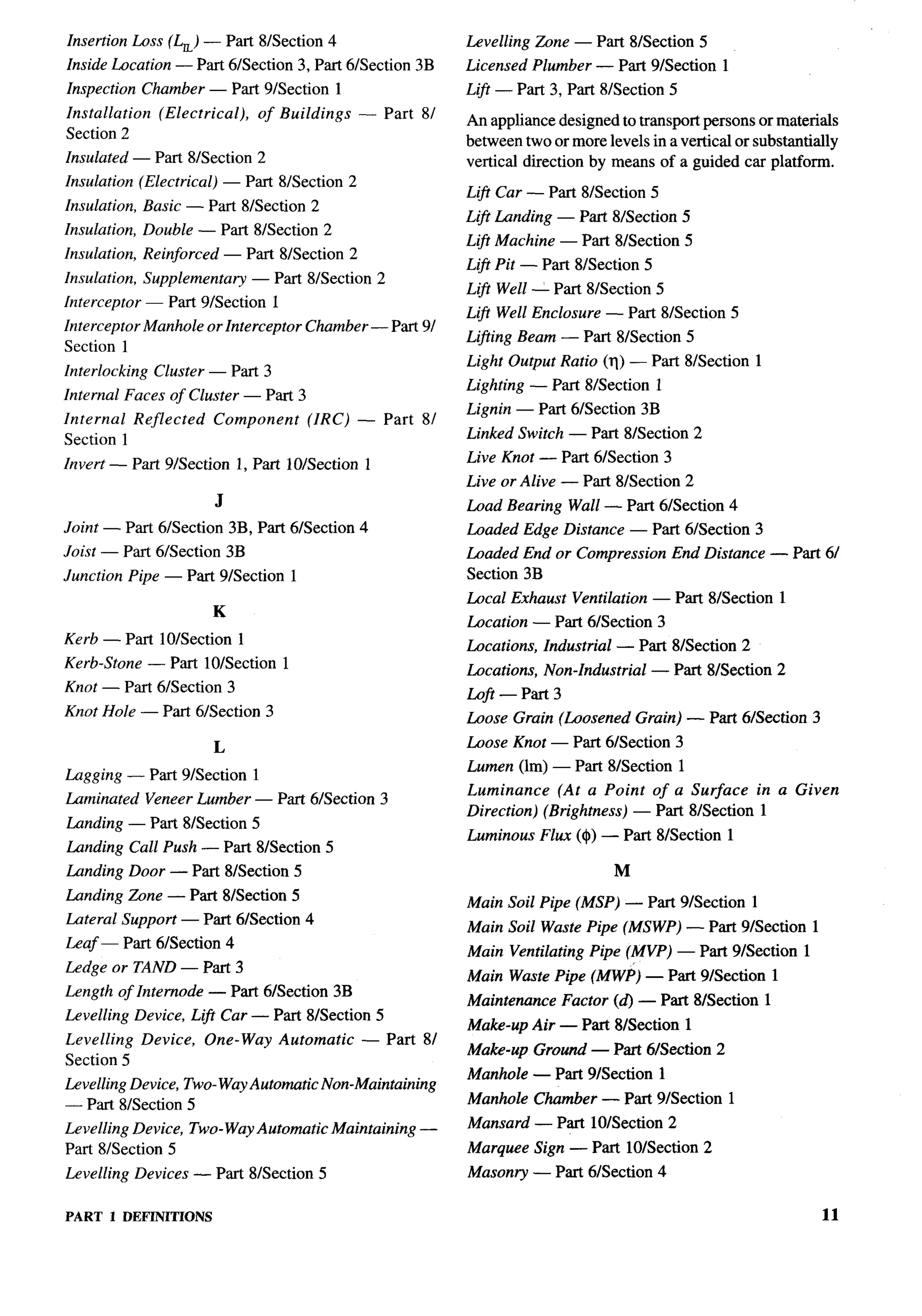 Insertion Loss (&) — Part 8/Section 4                                      Levelling Zone — Part 81Section 5
Inside Location — Part 6/Section 3, Part 61Section 3B                      Licensed Plumber — Part 91Section 1
Inspection Chamber — Part 91Section 1                                      Liji — Part 3, Part 8/Section 5
Installation     (Electrical),       of Buildings            — Part 8/     An appliance designed to transport persons or materials
Section 2                                                                  between two or more levels in a vertical or substantially
Insulated — Part 8/Section 2                                               vertical direction by means of a guided car platform.
Insulation (Electrical)        — Part 81Section 2
                                                                           Lijl Car — Part 8/Section 5
Insulation, Basic — Part 81Section 2
                                                                           Lcfi Landing — Part 8/Section 5
Insulation, Double — Part 8/Section 2
                                                                           Lift Machine — Part 8/Section 5
Insulation, Reinforced         — Part 8/Section 2
                                                                           Lift Pit — Part 8/Section 5
Insulation,    Supplementary         — Part 8/Section 2
                                                                           Lifi Well — Part 8/Section 5
Interceptor    — Part 9/Section          1
                                                                           Lljl Well Enclosure — Part 8/Section 5
Interceptor Manhole or Interceptor Chamber — Part 9/
                                                                           Li$ting Beam — Part 81Section 5
Section 1
                                                                           Light Output Ratio (q) — Part 8/Section       1
Interlocking    Cluster — Part 3
                                                                           Lighting — Part 8/Section     1
Internal Faces of Cluster — Part 3
                                                                           Lignin — Part 6/Section 3B
Internal Reflected        Component                  (IRC)   — Part   8/
Section 1                                                                  Linked Switch — Part 81Section 2

Invert — Part 9K3ection 1. Part 10/Section                   1             Live Knot — Part 61Section 3
                                                                           Live or Alive — Part 81Section 2
                           J                                               Load Bearing Wall — Part 61Section 4
Joint — Part 6/Section 3B, Part 6/Section 4                                Loaded Edge Distance — Part 61Section 3
Joist — Part 6/Section 3B                                                  Loaded End or Compression          End Distance — Part 6/
Junction Pipe — Part 9/Section                   1                         Section 3B
                                                                           Local Exhaust Ventilation — Part 81Section 1
                          K
                                                                           Location — Part 6/Section 3
Kerb — Part 10/Section           1                                         Locations, Industrial   — Part 8/Section 2
Kerb-Stone     — Part 10/Section             1                             Locations, Non-Industrial     — Part 81Section 2
Knot — Part 61Section 3
                                                                           Loft -Part3
Knot Hole — Part 6/Section 3                                               hose   Grain (Loosened      Grain) — Part 61Section 3
                          L                                                Loose Knot — Part 61Section 3
                                                                           Lumen (lm) — Part 8/Section 1
Lagging — Part 9/Section             1
                                                                           Luminance    (At a Point of a Surface in a Given
Luminated      Veneer Lumber — Part 61Section 3
                                                                           Direction) (Brightness) — Part 81Section 1
Landing — Part 8/Section 5
                                                                           Luminous Flux (@)— Part 8/Section         1
Landing Call Push — Part 8/Section 5
I-unding Door — Part 8/Section 5                                                                   M
Lunding Zone — Part 81Section 5
                                                                           Main Soil Pipe (MSP) — Part 91Section 1
Luteral Support — Part 61Section 4
                                                                           Main Soil Waste Pipe (MSWP) — Part 91Section 1
Leaf — Part 61Section 4
                                                                           Main Ventilating Pipe (MVP) — Part 9/Section          1
Ledge or TAND — Part 3
                                                                           Main Waste Pipe (MWP) — Part 91Section 1
Length of Internode — Part 6/Section 3B
                                                                           Maintenance   Factor (d) — Part 8/Section         1
Levelling Device, Lift Car — Part 81Section 5
                                                                           Make-up Air — Part 8/Section 1
Levelling Device,        One-Way         Automatic           — Part 81
                                                                           Make-up Ground — Part 61Section 2
Section 5
                                                                           Manhole — Part 9/Section       1
Levelling Device, Two- Way Automatic Non-Maintaining
— Part 81Section 5                                                         Manhole Chamber — Part 9/Section          1

Levelling Device, Two-Way Automatic Maintaining                       —    Mansard — Part 10/Section 2
Part 8/Section 5                                                           Marquee Sign — Part 10/Section 2
Levelling Devices — Part 8/Section 5                                       Masonry — Part 6/Section 4

PART   1 DEFINITIONS                                                                                                                 11
 