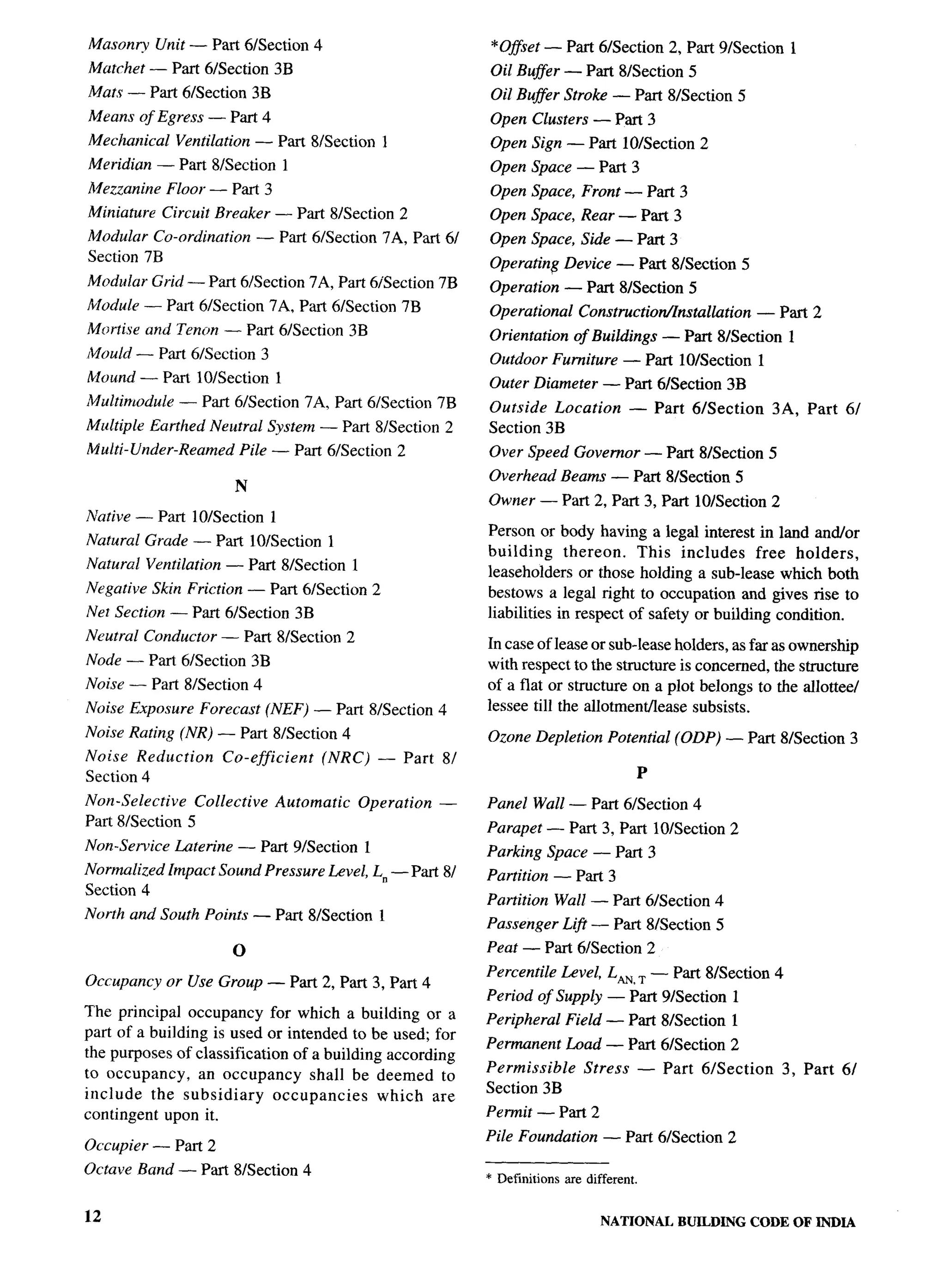 Masonry     Unit — Part 6/Section 4                                 *Offset — Part 6/Section 2, Part 9/Section            1
Matchet — Part 6/Section 3B                                         Oil Iih@er — Part 8/Section 5
Mats — Part 6Nection         3B                                     Oil Bufier Stroke — Part 8/Section 5
Means of Egress — Part 4                                            Open Clusters — Part 3
Mechanical      Ventilation — Part 8/Section          1             Open Sign — Part 10/Section 2
Meridian — Part 8/Section 1                                         Open Space — Part 3
Mezzanine Floor — Part 3                                            Open Space, Front — Part 3
Miniature     Circuit Breaker — Part 8/Section 2                    Open Space, Rear — Part 3
Modular Co-ordination        — Part 6/Section 7A, Part 6/           Open Space, Side — Part 3
Section 7B                                                          Operating Device — Part 8/Section 5
Modular Grid — Part 6/Section 7A, Part 6/Section 7B                 Operation — Part 8/Section 5
Module — Part 6/Section 7A, Part 6L3ection 7B                       Operational      Constructiotilnstalt!ation     — Part 2
Mortise   and   Tenon — Part 6/Section 3B                           Orientatwn      of Buildings — Part 8/Section         1
Mould — Part 61Section 3                                            Outdoor Furniture — Part 10/Section             1
Mound — Part 10/Section           1                                 Outer Diameter — Part 6/Section 3B
Mtdtimodule     — Part 61Section 7A, Part 6fSection 7B              Outside Location           — Part 61Section         3A, Part 6/
Multiple Earthed Neutral System — Part 8/Section 2                  Section 3B
i?lulti-Under-Reamed     Pile — Part 61Section 2                    Over Speed Governor — Part 8/Section 5
                                                                    Overhead Beams — Part 81Section 5
                         N
                                                                    Owner — Part 2, Part 3, Part 10/Section 2
Native — Part 10/Section          1
                                                                    Person or body having a legal interest in land and/or
Natural Grade — Part 10/Section 1
                                                                    building     thereon.   This includes      free holders,
Natural Ventilation — Part 8/Section          1                     leaseholders or those holding a sub-lease which both
Negative Skin Friction — Part 61Section 2                           bestows a legal right to occupation and gives rise to
,Net Section — Part 61Section 3B                                    liabilities in respect of safety or building condition.
Neutral Conductor — Part 8/Section 2                                In case of lease or sub-leaseholders, as far as ownership
Node — Part 6/Section 3B                                            with respect to the structure is concerned, the structure
Noise — Part 8/Section 4                                            of a flat or structure on a plot belongs to the allottee/
Noise Exposure Forecast (NEF) — Part 81Section 4                    lessee till the allotment/lease subsists.

Noise Rating (NR) — Part 8/Section 4                                Ozone Depletion Potential (ODP) — Part 81Section 3
Noise Reduction        Co-efficient     (NRC)         — Part   8/
                                                                                               P
Section 4
Non-Selective   Collective        Automatic   Operation        —    Panel Wall — Part 61Section 4
Part 8L3ection 5                                                    Parapet — Part 3, Pall 10ISection 2
Non-Service     Laterine — Part 9/Section         1                 Parking Space — Part 3
Normalized Impact Sound Pressure Level, L. — Part 8/                Partition — Part 3
Section 4                                                           Partition Wall — Part 61Section 4
North and South Points — Pm 8/Section                 I             Passenger Lift — Part 8LSection 5
                        0                                           Peat — Part 61Section 2
                                                                    Percentile Level, L~~ ~ — Pm 81Section 4
Occupancy or Use Group — Part 2, Part 3, Part 4
                                                                    Period of Supply — Part 91Section 1
The principal occupancy for which a building or a                   Peripheral    Field — Part 81Section 1
part of a building is used or intended to be used; for
                                                                    Permanent Load — Part 6/Section 2
the purposes of classification of a building according
                                                                    Permissible       Stress       — Part   61Section    3, Part 6/
to occupancy,     an occupancy     shall be deemed to
                                                                    Section 3B
include   the subsidiary      occupancies   which are
contingent upon it.                                                 Permit — Part 2
                                                                    Pile Foundation      — Part 6/Section 2
Occupier — Part 2
Octave Band — Part 8/Section 4                                      * Definitions are different.

12                                                                                       NATIONAL      BUILDING    CODE OF INDIA
 