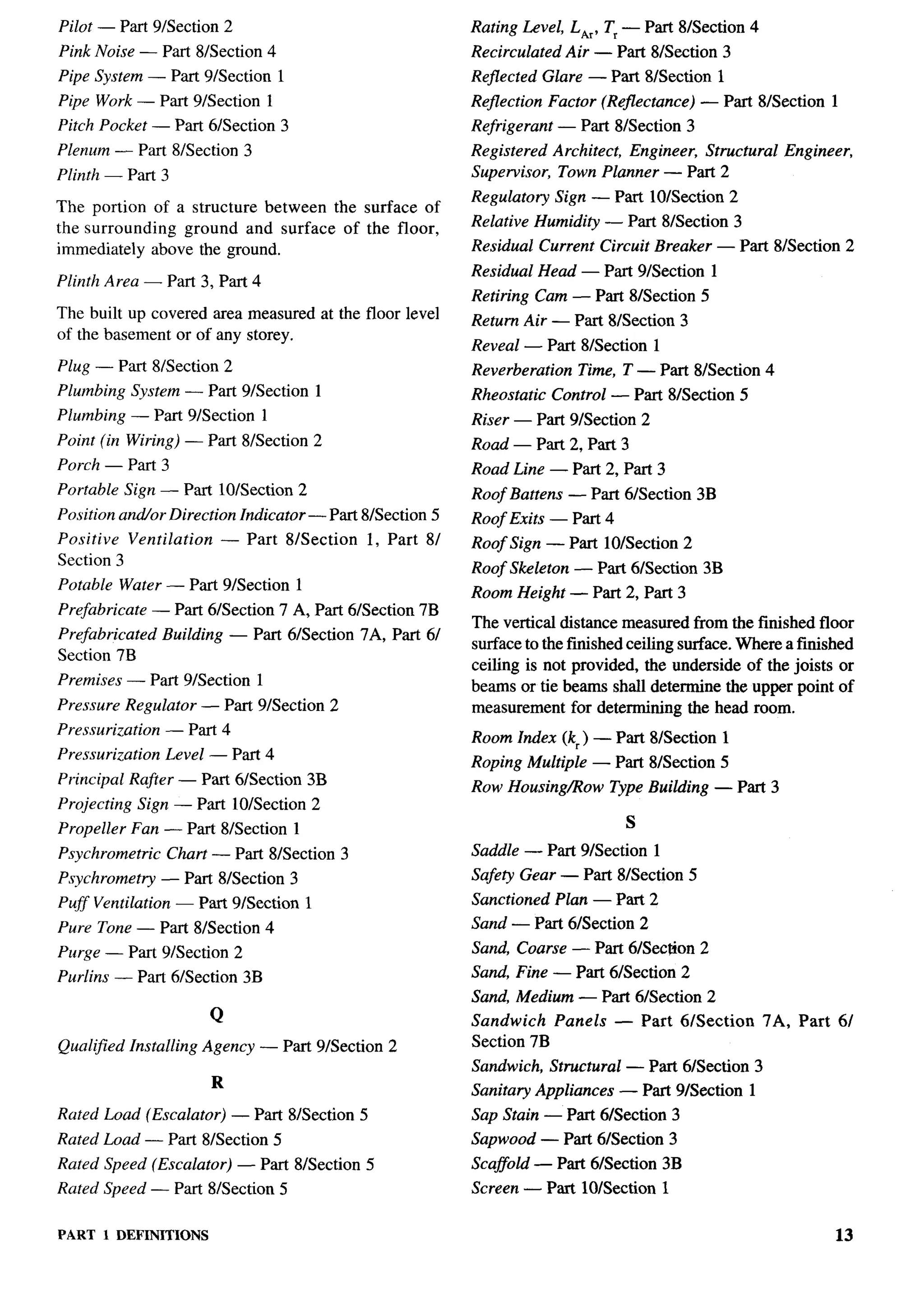 Pilot — Part 91Section 2                                    Rating Level, LA,, T, — Part 8/Section 4
Pink Noise — Part 8/Section 4                               Recirculated Air — Part 81Section 3
Pipe System — Part 9/Section           1                    Rejlected Glare — Part 81Section 1
Pipe Work — Part 9/Section         1                        Reflection Factor (Reflectance) — Part 81Section 1
Pitch Pocket — Part 61Section 3                             Refrigerant — Part 81Section 3
Plenum — Part 81Section 3                                   Registered Architect, Engineer, Structural Engineer,
Plinth — Part 3                                             Supervisor, Town Planner — Part 2
                                                            Regulatory Sign — Part 10ISection 2
The portion of a structure between the surface of
                                                            Relative Humidi@ — Part 81Section 3
the surrounding  ground and surface of the floor,
immediately above the ground.                               Residual Current Circuit Breaker — Part 81Section 2
                                                            Residual Head — Part 91Section 1
Plinth Area — Part 3, Part 4
                                                            Retiring Cam — Part 81Section 5
The built up covered area measured at the floor level       Return Air — Part 81Section 3
of the basement or of any storey.
                                                            Reveal — Part 81Section 1
Plug — Part 8/Section 2                                     Reverberation   Time, T — Part 81Section 4
Plumbing System — Part 91Section 1                          Rheostatic Control — Part 81Section 5
Plumbing — Part 9/Section       1                           Riser — Part 9LSection 2
Point (in Wiring) — Part 8/Section 2                        Road — Part 2, Part 3
Porch — Part 3                                              Road Line — Part 2, Part 3
Portable Sign — Part 10/Section 2                           Roof Battens — Part 6/Section 3B
Position an&or Direction Indicator — Part 81Section 5       Roof Exits — Part 4
Positive Ventilation      — Part 8/Section     1, Part 8/   Roof Sign — Part 10/Section 2
Section 3                                                   Roof Skeleton — Part 61Section 3B
Potable Water — Part 91Section 1                            Room Height — Part 2, Part 3
Prefabricate     — Part 6/Section 7 A, Part 61Section 7B
                                                            The vertical distance measured from the finished floor
Prefabricated     Building — Part 61Section 7A, Part 6/
                                                            surface to the finished ceiling surface. Where a finished
Section 7B
                                                            ceiling is not provided, the underside of the joists or
Premises — Part 9/Section      1                            beams or tie beams shall determine the upper point of
Pressure Regulator — Part 91Section 2                       measurement for determining the head room.
Pressurization    — Part 4                                  Room Index (k, ) — Part 8/Section    1
Pressurization    Level — Part 4                            Roping Multiple — Part 8/Section 5
Principal Ra@er — Part 6/Section 3B                         Row Housing/Row     Type Building — Part 3
Projecting Sign — Part 10/Section 2
Propeller Fan — Part 8/Section 1                                                   s
Psychometric       Chart — Part 8/Section 3                 Saddle — Part 9/Section    1
Psychrornetry — Part 8/Section 3                            Safety Gear — Part 81Section 5
Puff Ventilation — Part 9/Section          1                Sanctioned Plan — Part 2
Pure Tone — Part 8/Section 4                                Sand — Part 6/Section 2
Purge — Part 9/Section 2                                    Sand, Coarse — Part 61Section 2
Purlins — Part 6/Section 3B                                 Sand, Fine — Part 61Section 2
                                                            Sand, Medium — Part 61Section 2
                        Q                                   Sandwich Panels       — Part 61Section       7A, Part   61
Quahjied Installing Agency — Part 91Section 2               Section 7B
                                                            Sandwich, Structural — Part 61Section 3
                         R                                  Sanitary Appliances — Part 9/Section     1
Rated Load (Escalator) — Part 8/Section 5                   Sap Stain — Part 61Section 3
Rated Load — Part 81Section 5                               Sapwood — Part 6/Section 3
Rated Speed (Escalator) — Part 8/Section 5                  Sca#old — Part 6/Section 3B
Rated Speed — Part 8LSection 5                              Screen — Part 10ISection 1


PART   1 DEFINITIONS                                                                                                13
 