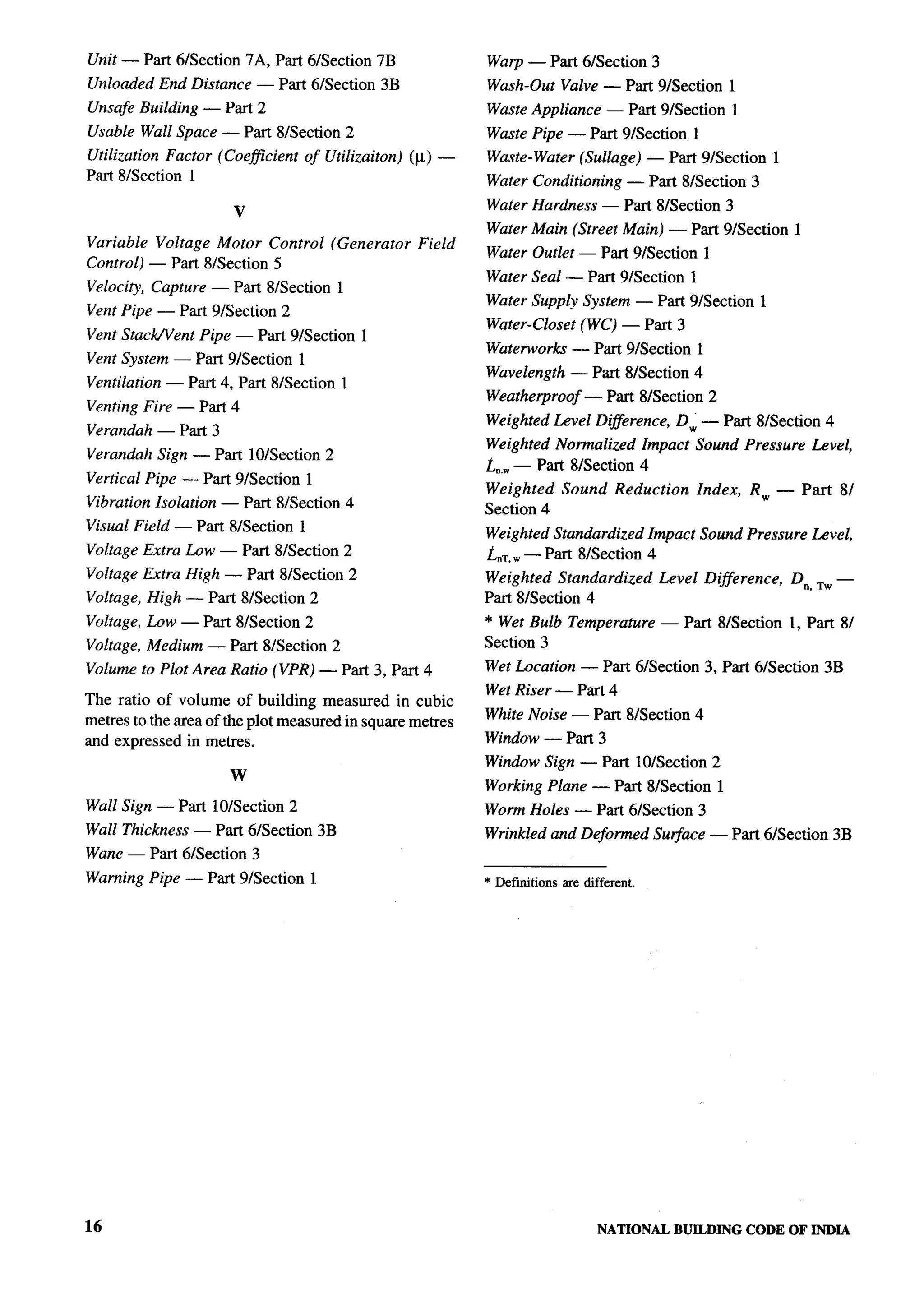 Unit — Part 6/Section 7A, Part 61Section 7B                 Warp — Part 6/Section 3
Unloaded End Distance — Part 61Section 3B                   Wash-Out Valve — Part 91Section 1
Unsafe Building — Part 2                                    Waste Appliance       — Part 91Section 1
Usable Wall Space — Part 81Section 2                        Waste Pipe — Part 9/Section           1
Utilization Factor (Coefficient   of Utilizaiton)   (p) —   Waste- Water (Sullage) — Part 9/Section              1
Part 8/Section 1                                            Water Conditioning        — Part 8/Section 3
                                                            Water Hardness — Part 81Section 3
                      v
                                                            Water Main (Street Main) — Part 9/Section                1
Variable Voltage Motor Control         (Generator   Field
                                                            Water Outlet — Part 91Section 1
Control) — Part 81Section 5
                                                            Water Seal — Part 91Section 1
Veloci@, Capture — Part 81Section 1
                                                            Water Supply System — Part 9/Section            1
Vent Pipe — Part 91Section 2
                                                            Water-Closet     (WC) — Part 3
Vent StacWVent Pipe — Part 91Section 1
                                                            Waterworks — Part 9/Section           1
Vent System — Part 91Section 1
                                                            Wavelength — Part 81Section 4
Ventilation — Part 4, Part 8/Section    1
                                                            WeatheWroof       — Part 8/Section 2
Venting Fire — Part 4
                                                            Weighted Level Difference, DW — Part 81Section 4
Verandah — Part 3
                                                            Weighted Normalized            Impact Sound Pressure         tivel,
Verandah Sign — Part 10/Section 2
                                                            ~... — Part 8/Section 4
Vertical Pipe — Part 91Section 1
                                                            Weighted Sound          Reduction     Index,   RW — Part          8/
Vibration Isolation — Part 81Section 4                      Section 4
Visual Field — Part 81Section 1                             Weighted Standardized Impact Sound Pressure Level,
Voltage Extra Low — Part 8/Section 2                        ~“~,~ — Part 8/Section 4
Voltage Extra High — Part 8/Section 2                       Weighted Standardized            Level Difference,       D. TW—
Voltage, High — Part 81Section 2                            Part 81Section 4
Voltage, Low — Part 8/Section 2                             * Wet Bulb Temperature           — Part 8/Section        1, Part 8/
Voltage, Medium — Part 81Section 2                          Section 3
Volume to Plot Area Ratio (VPR) — Part 3, Part 4            Wet Location — Part 6/Section 3, Part 61Section 3B
                                                            Wet Riser — Part 4
The ratio of volume of building measured in cubic
metres to the area of the plot measured in square metres    White Noise — Part 81Section 4
and expressed in metres.                                    Window — Part 3
                                                            Window Sign — Part 10ISection 2
                      w                                     Working Plane — Part 8/Section 1
Wall Sign — Part 10/Section 2                               Worm Holes — Part 61Section 3
Wall Thickness — Part 6/Section 3B                          Wrinkled and Deformed Su~ace — Part 6/Section 3B
Wane — Part 6/Section 3
Warning Pipe — Part 9/Section      1                        * Definitions are different.




16                                                                               NATIONAL      BUILDING    CODE OF INDIA
 