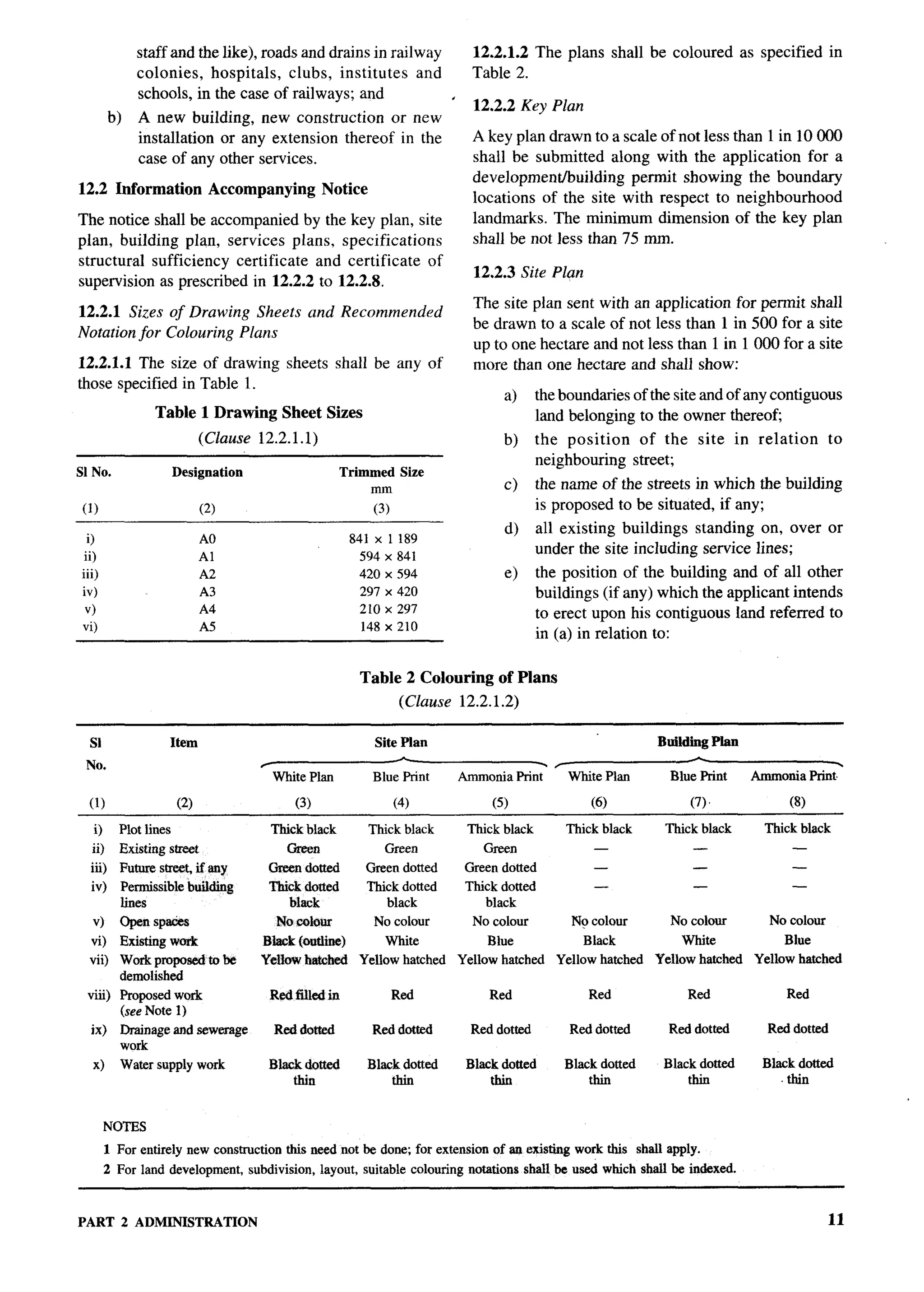 staff and the like), roads and drains in railway            12.2.1.2 The plans shall be coloured                   as specified   in
            colonies, hospitals,     clubs, institutes    and           Table 2.
            schools, in the case of railways; and             .
                                                                        12.2.2 Key Plan
       b)   A new building, new construction or new
            installation or any extension thereof in the                A key plan drawn to a scale of not less than 1 in 10000
            case of any other services.                                 shall be submitted along with the application for a
                                                                        developmenth.tilding    permit showing the boundary
12.2 Information          Accompanying         Notice
                                                                        locations of the site with respect to neighborhood
The notice shall be accompanied by the key plan, site                   landmarks. The minimum dimension of the key plan
pian, building plan, services plans, specifications                     shall be not less than 75 mm.
structural sufficiency certificate and certificate of
                                                                        12.2.3 Site Plan
supervision as prescribed in 12.2.2 to 12.2.8.
                                                                        The site plan sent with an application for permit shall
12.2.1 Sizes of Drawing Sheets and Recommended
                                                                        be drawn to a scale of not less than 1 in 500 for a site
Notation for Colouring Plans
                                                                        up to one hectare and not less than 1 in 1000 for a site
12.2.1.1 The size of drawing sheets shall be any of                     more than one hectare and shall show:
those specified in Table 1.
                                                                             a)       the boundaries of the site and of any contiguous
               Table 1 Drawing         Sheet Sizes                                    land belonging to the owner thereofi
                         (Clause 12.2.1.1)                                   b)       the position         of the       site   in relation    to
                                                                                      neighboring         street;
S1No.             Designation                     Trimmed Size
                                                      mm                     c)       the name of the streets in which the building
(1)                      (2)                           (3)                            is proposed to be situated, if any;
                                                                             d)       all existing buildings standing on, over or
  i)                     AO                        841 X 1189
 ii)                     Al                         594 X 841
                                                                                      under the site including service lines;
iii)                     A2                         420 X 594                e)       the position of the building and of all other
iv)                      A3                         297 X 420                         bui~ings (if any) which the applicant intends
 v)                      A4                         210 X 297                         to erect upon his contiguous land referred to
vi)                      A5                          148 X 210
                                                                                      in (a) in relation to:


                                                     Table 2 Colouring of Plans
                                                            (Clause   12.2.1.2)

  S1              Item                                  Site Plan                                            Building Plan
                                  /
                                                            &                                                       -
 No.                                                                              -      /                                                    T

                                      Whhe Plan         Blue Print    Ammonia Print          White Plan        Blue Print        Ammonia Print
 (1)               (2)                   (3)               (4)             (5)                  (6)                 (7)                (8)

   i) Plot lines             Thick black    Thick black  Thick black    Thick black    TMck black     Thick black
  ii) Existing street            Green         Green        Green             —             —              —
 iii) Future street, if any  Green dotted   Green dotted Green dotted         —             —              —
  iv) Permissible building   Thick dotted   Thick dotted Thick dotted         —             —              —
       lines                     black         black         black
  v) Open spa&a               No !Monr       No colour    No CO1OIX      No Colour      No CO1OW       No CO1OUX
  vi) Existing wurk         Birtclr@ntline)    WMe           Blue           Black         White           Blue
 vii) Work proposed to be   %AkXvhatched Yellow hatched Yellow hatched Yellow hatched Yellow hatched Yellow hatched
       demolished
 viii) Proposed work         Red filled in      Red           Red            Red           Red            Red
       (see Note 1)
 ix) Drainage and smvcrage    Red dotted     Red dottrd   Red dotted     Red dotted     Red dotted     Red dotted
       work
  x) Water supply work       Black dotted   Black dotted Black dotted   Black dotted   Black dotted   Black dotted
                                  thin          thin          thin           thin          thin           thin


       NOTES
       1 For entirely new construction this need not be done; for extension of an existing work this shrdl apply.
       2 For land development, subdivision, layout, suitable colouring notations shall be used which shall be indexed.


PART 2 ADMINISTRATION                                                                                                                         11
 
