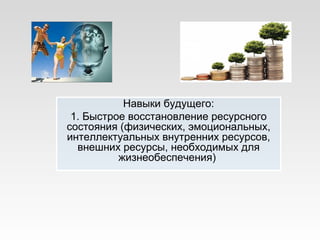 Навыки будущего:
1. Быстрое восстановление ресурсного
состояния (физических, эмоциональных,
интеллектуальных внутренних ресурсов,
внешних ресурсы, необходимых для
жизнеобеспечения)
 
