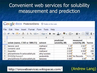 Convenient web services for solubility measurement and prediction (Andrew Lang) 