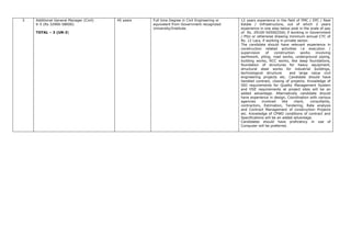 3 Additional General Manager (Civil)
E-5 (Rs 32900-58000)
TOTAL – 3 (UR-3)
45 years Full time Degree in Civil Engineering or
equivalent from Government recognized
University/Institute.
12 years experience in the field of PMC / EPC / Real
Estate / Infrastructure, out of which 2 years
experience in one step below post in the scale of pay
of Rs. 29100-54500(IDA) if working in Government
/ PSU or otherwise drawing minimum annual CTC of
Rs. 12 Lacs, if working in private sector.
The candidate should have relevant experience in
construction related activities i.e execution /
supervision of construction works involving
earthwork, piling, road works, underground piping,
building works, RCC works, like deep foundations,
foundation of structures for heavy equipment,
structural steel works for industrial buildings,
technological structure and large value civil
engineering projects etc. Candidate should have
handled contract, closing of projects. Knowledge of
ISO requirements for Quality Management System
and HSE requirements at project sites will be an
added advantage. Alternatively candidate should
have experience in design, Coordination with various
agencies involved like client, consultants,
contractors, Estimation, Tendering, Rate analysis
and Contract Management of construction Projects
etc. Knowledge of CPWD conditions of contract and
Specifications will be an added advantage.
Candidates should have proficiency in use of
Computer will be preferred.
 