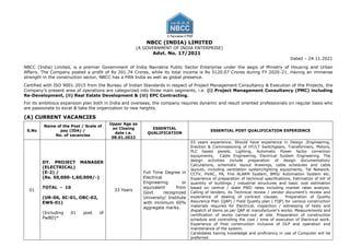 NBCC (INDIA) LIMITED
(A GOVERNMENT OF INDIA ENTERPRISE)
Advt. No. 17/2021
Dated – 24.11.2021
NBCC (India) Limited, is a premier Government of India Navratna Public Sector Enterprise under the aegis of Ministry of Housing and Urban
Affairs. The Company posted a profit of Rs 201.74 Crores, while its total income is Rs 5120.07 Crores during FY 2020-21. Having an immense
strength in the construction sector, NBCC has a PAN India as well as global presence.
Certified with ISO 9001:2015 from the Bureau of Indian Standards in respect of Project Management Consultancy & Execution of the Projects, the
Company’s present area of operations are categorized into three main segments, i.e. (i) Project Management Consultancy (PMC) including
Re-Development, (ii) Real Estate Development & (iii) EPC Contracting.
For its ambitious expansion plan both in India and overseas, the company requires dynamic and result oriented professionals on regular basis who
are passionate to excel & take the organization to new heights.
(A) CURRENT VACANCIES
S.No
Name of the Post / Scale of
pay (IDA) /
No. of vacancies
Upper Age as
on Closing
date i.e.
08.01.2022
ESSENTIAL
QUALIFICATION
ESSENTIAL POST QUALIFICATION EXPERIENCE
01
DY. PROJECT MANAGER
(ELECTRICAL)
(E-2) /
(Rs. 50,000-1,60,000/-)
TOTAL - 10
(UR-06, SC-01, OBC-02,
EWS-01)
(Including 01 post of
PwBD)*
33 Years
Full Time Degree in
Electrical
Engineering or
equivalent from
Govt. recognized
University/ Institute
with minimum 60%
aggregate marks.
03 years experience. Should have experience in Design ,Engineering,
Erection & Commissioning of HT/LT Switchgears, Transformers, Motors,
PLC based panels, Lighting, Automatic Power factor correction
equipments, Cable Engineering, Electrical System Engineering. The
design activities include preparation of design documentation/
Calculations, schematic layout drawings, cable schedules and cable
layouts, including ventilation system/lighting equipments, Tel Network,
CCTV, HVAC, PA, Fire ALARM System, BMS/ Automation System etc.
Experience of preparation of technical specifications, Estimation of bill of
quantity of buildings / industrial structures and basic cost estimation
based on central / state PWD rates including market rates analysis.
Calling of tenders, its Technical review / vendor document’s review and
experience of dealing of contract clauses. Preparation of Quality
Assurance Plan (QAP) / Field Quality plan ( FQP) for various construction
materials required for Electrical, inspection / witnessing of tests and
dispatch of items as per QAP at manufacturer’s works. Measurements and
certification of works carried-out at site. Preparation of construction
schedule and controlling the cost / time of execution of Electrical work.
Experience of Post construction inclusive of DLP and operation and
maintenance of the system.
Candidates having knowledge and proficiency in use of Computer will be
preferred.
 