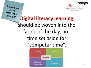 Digital literacy learning
should be woven into the
  fabric of the day, not
    time set aside for
    “computer time”.


        Copyright, Simon and Nemeth   24
 