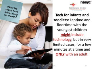 Tech for infants and
                        toddlers: Laptime and
                          floortime with the
                          youngest children
                             might include
                       technology, but in very
                       limited cases, for a few
                        minutes at a time and
                         ONLY with an adult.

Copyright, Simon and Nemeth                28
 