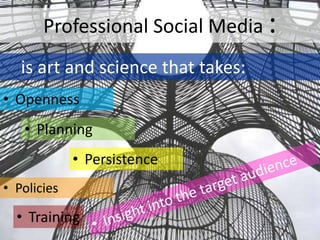 Professional Social Media :
   is art and science that takes:
• Openness
   • Planning
             • Persistence
• Policies

  • Training
 