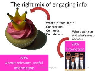 The right mix of engaging info

                             What’s in it for “me”?
                             Our program.
                             Our needs.           What’s going on
                             Our interests.       and what’s great
                                                    about us!
                                                    20%
                                                 Promotion

        80%
About relevant, useful
    information   © Fran Simon Copyright, 2012                  51
 
