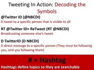 Tweeting In Action: Decoding the
                 Symbols
@Twitter ID (@NBCDI)
A tweet to a specific person that is visible to all

RT @Twitter ID= ReTweet (RT @NBCDI)
Broadcasting someone else’s tweet

D TwitterID (D NBCDI)
A direct message to a specific person (They must be following
you, and you following them)


                    # = Hashtag
Hashtags define topics so they are searchable
 