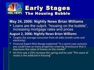 Early StagesEarly Stages
The Housing BubbleThe Housing Bubble
May 24, 2006: Nightly News Brian WilliamsMay 24, 2006: Nightly News Brian Williams
 Loans are the culprit, “housing on the bubble”,Loans are the culprit, “housing on the bubble”,
increasing mortgage rates and pricesincreasing mortgage rates and prices
August 2, 2006: Nightly News Brian WilliamsAugust 2, 2006: Nightly News Brian Williams
 Targets the average consumer from all sides (credit cards andTargets the average consumer from all sides (credit cards and
electricity)electricity)
 Financial Expert Rick Sharga explained “In a worst case scenarioFinancial Expert Rick Sharga explained “In a worst case scenario
you could have so many properties entering foreclosure that ityou could have so many properties entering foreclosure that it
depresses the value of homes on the market”depresses the value of homes on the market”
 His firm saw a 25% increase this spring and he said “This wave ofHis firm saw a 25% increase this spring and he said “This wave of
resets is the wildcard in housing”resets is the wildcard in housing”
 