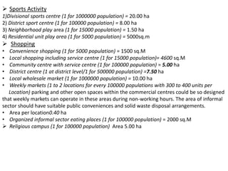  Sports Activity
1)Divisional sports centre (1 for 1000000 population) = 20.00 ha
2) District sport centre (1 for 100000 population) = 8.00 ha
3) Neighborhood play area (1 for 15000 population) = 1.50 ha
4) Residential unit play area (1 for 5000 population) = 5000sq.m
 Shopping
• Convenience shopping (1 for 5000 population) = 1500 sq.M
• Local shopping including service centre (1 for 15000 population)= 4600 sq.M
• Community centre with service centre (1 for 100000 population) = 5.00 ha
• District centre (1 at district level/1 for 500000 population) =7.50 ha
• Local wholesale market (1 for 1000000 population) = 10.00 ha
• Weekly markets (1 to 2 locations for every 100000 populations with 300 to 400 units per
Location) parking and other open spaces within the commercial centres could be so designed
that weekly markets can operate in these areas during non-working hours. The area of informal
sector should have suitable public conveniences and solid waste disposal arrangements.
• Area per location0.40 ha
• Organized informal sector eating places (1 for 100000 population) = 2000 sq.M
 Religious campus (1 for 100000 population) Area 5.00 ha
 