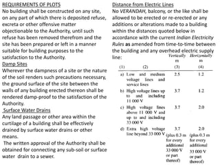 REQUIREMENTS OF PLOTS
No building shall be constructed on any site,
on any part of which there is deposited refuse,
excreta or other offensive matter
objectionable to the Authority, until such
refuse has been removed therefrom and the
site has been prepared or left in a manner
suitable for building purposes to the
satisfaction to the Authority.
Damp Sites
Wherever the dampness of a site or the nature
of the soil renders such precautions necessary,
the ground surface of the site between the
walls of any building erected thereon shall be
rendered damp-proof to the satisfaction of the
Authority.
Surface Water Drains
Any land passage or other area within the
curtilage of a building shall be effectively
drained by surface water drains or other
means.
The written approval of the Authority shall be
obtained for connecting any sub-soil or surface
water drain to a sewer.
Distance from Electric Lines
No VERANDAH, balcony, or the like shall be
allowed to be erected or re-erected or any
additions or alterations made to a building
within the distances quoted below in
accordance with the current Indian Electricity
Rules as amended from time-to-time between
the building and any overhead electric supply
line:
 