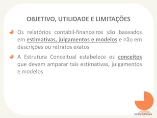 OBJETIVO, UTILIDADE E LIMITAÇÕES
Os relatórios contábil-financeiros são baseados
em estimativas, julgamentos e modelos e não em
descrições ou retratos exatos
A Estrutura Conceitual estabelece os conceitos
que devem amparar tais estimativas, julgamentos
e modelos
Ms Karla Carioca
 